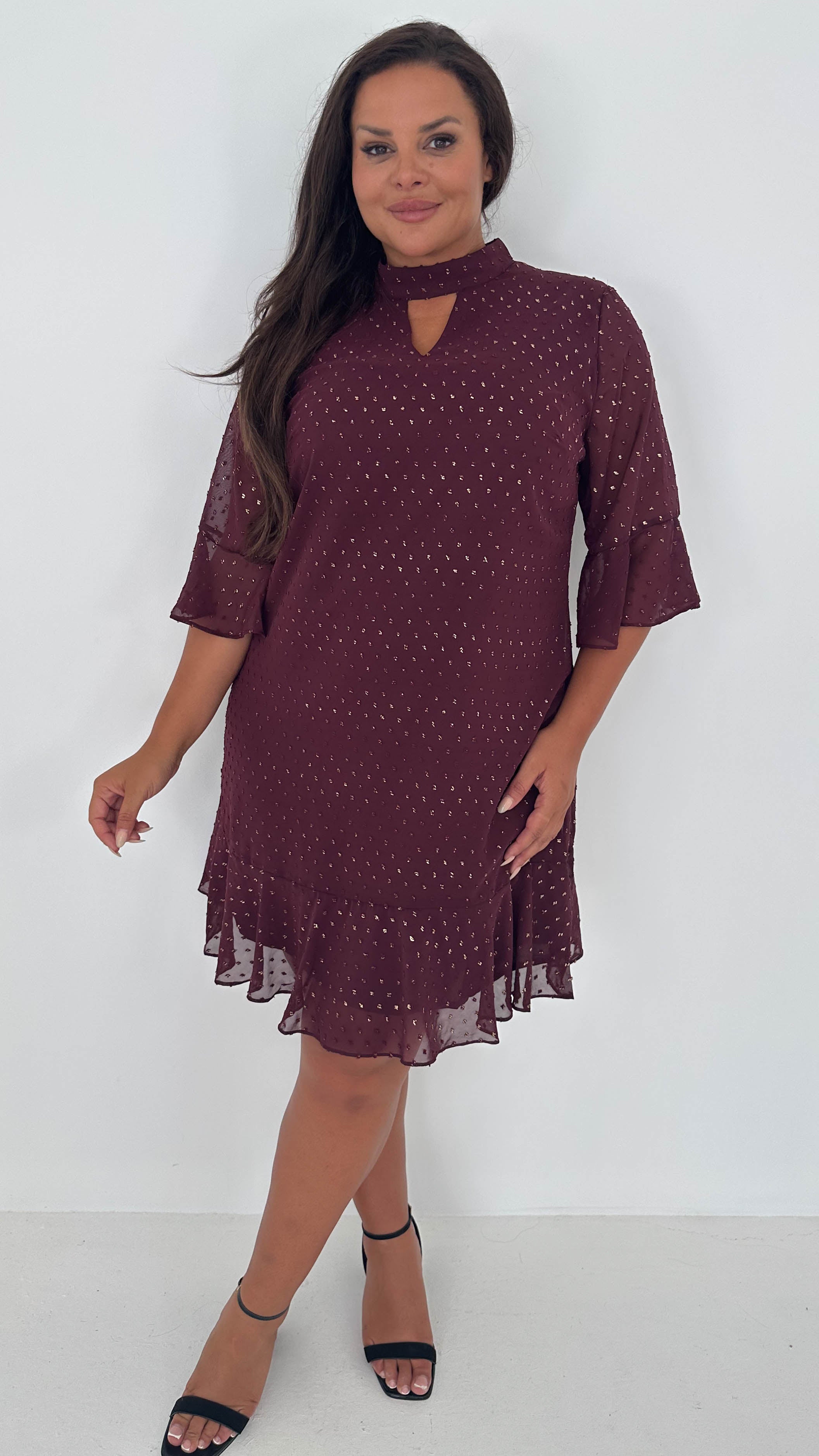 CurveWow Gold Spot Keyhole Shift Dress Plum