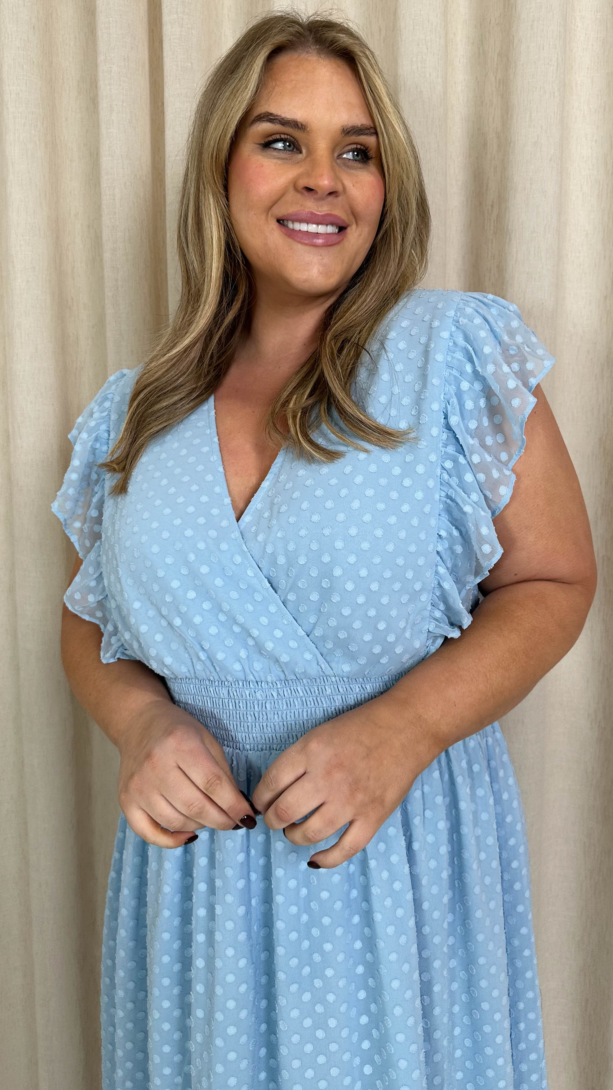 CurveWow Shirred Waist Frill Maxi Dress Light Blue