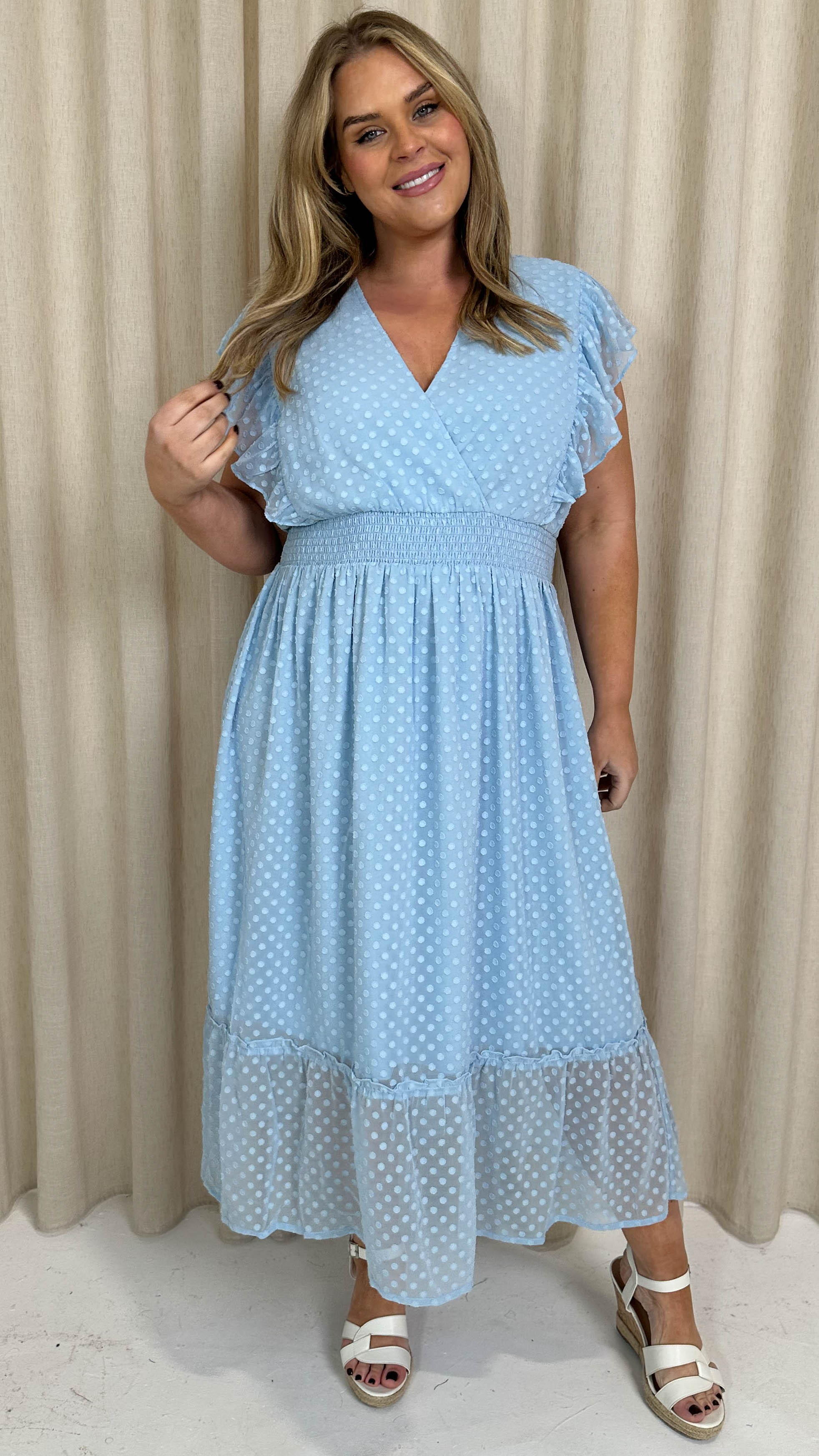 CurveWow Shirred Waist Frill Maxi Dress Light Blue