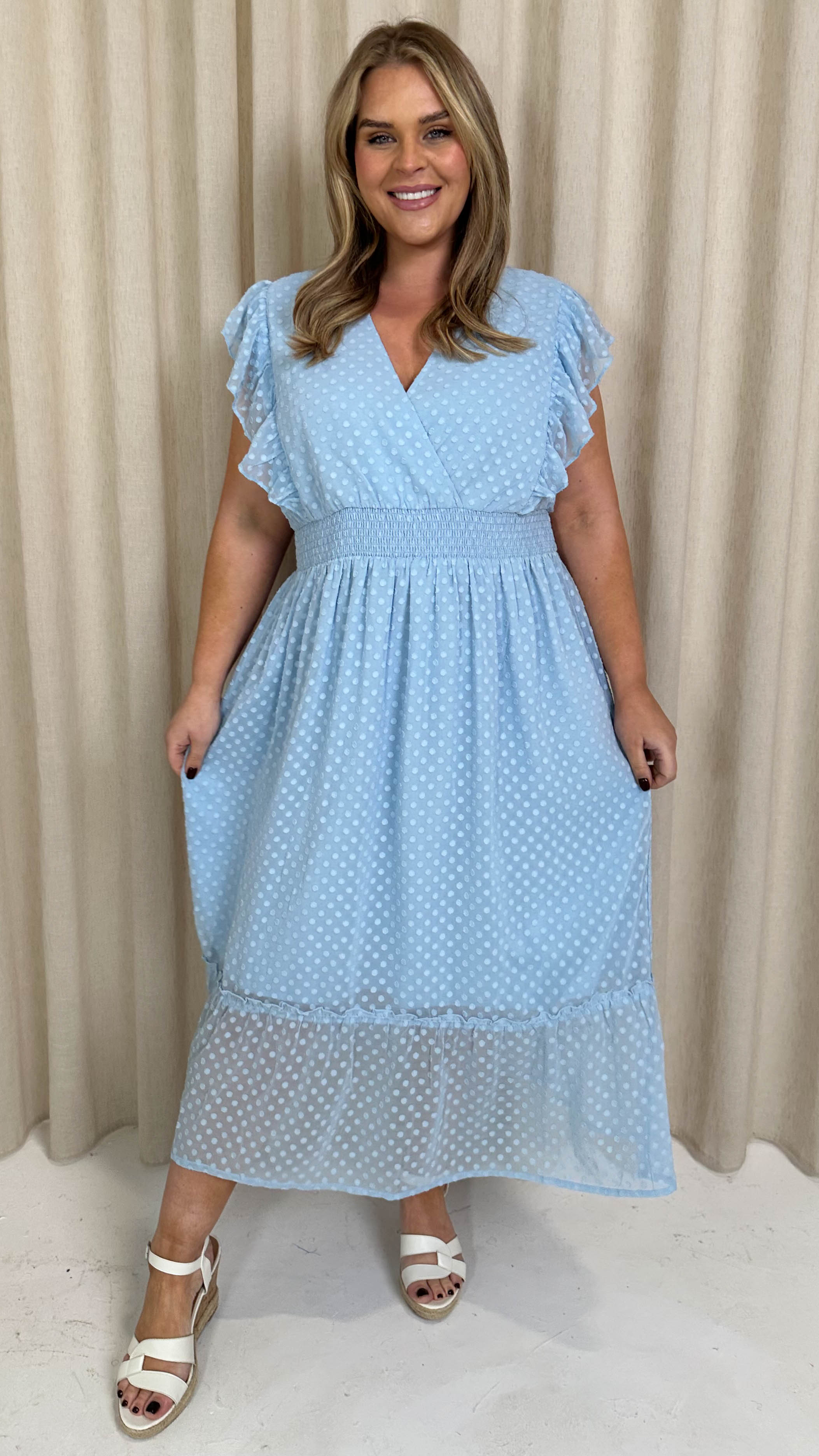 CurveWow Shirred Waist Frill Maxi Dress Light Blue
