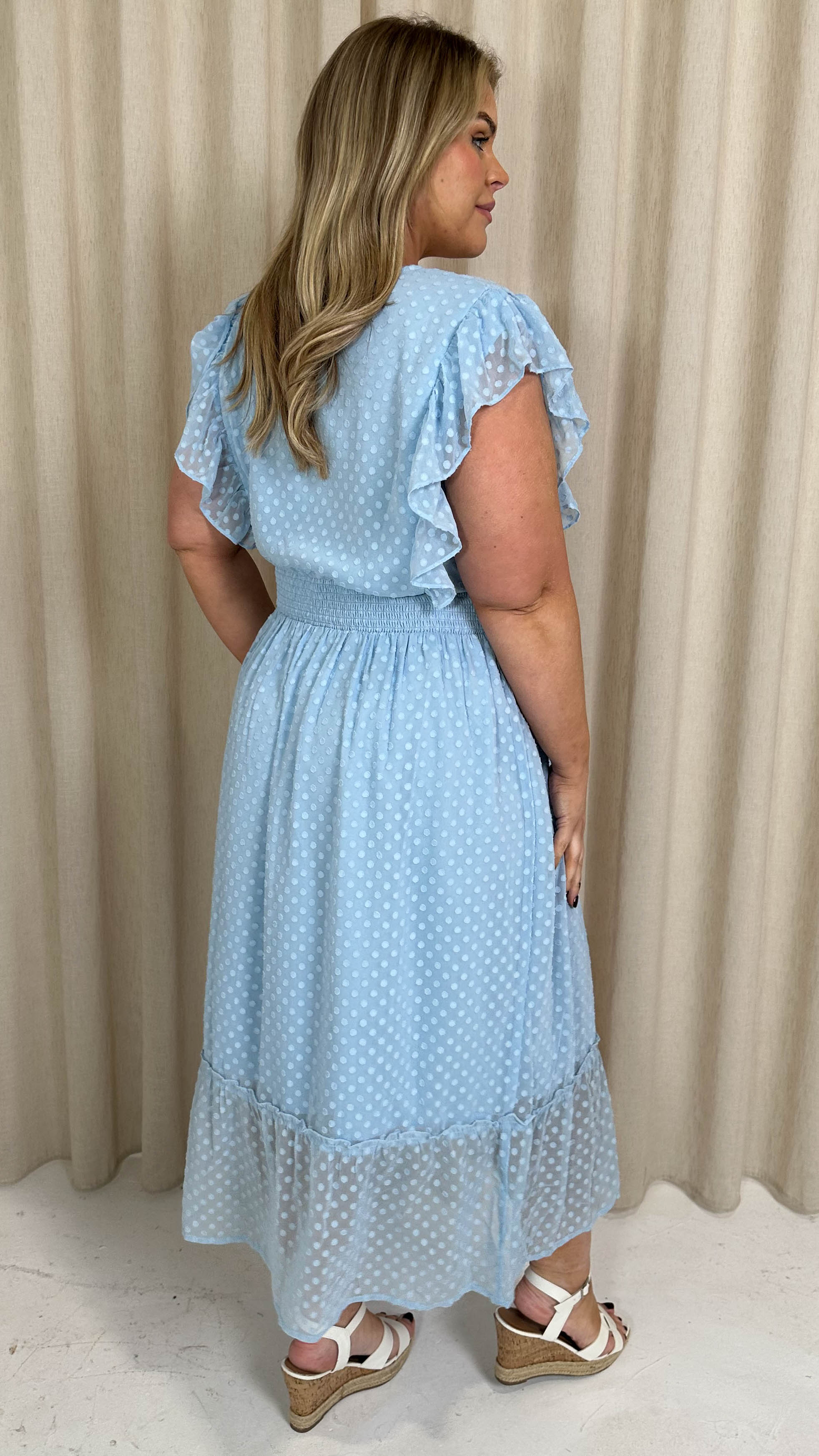CurveWow Shirred Waist Frill Maxi Dress Light Blue