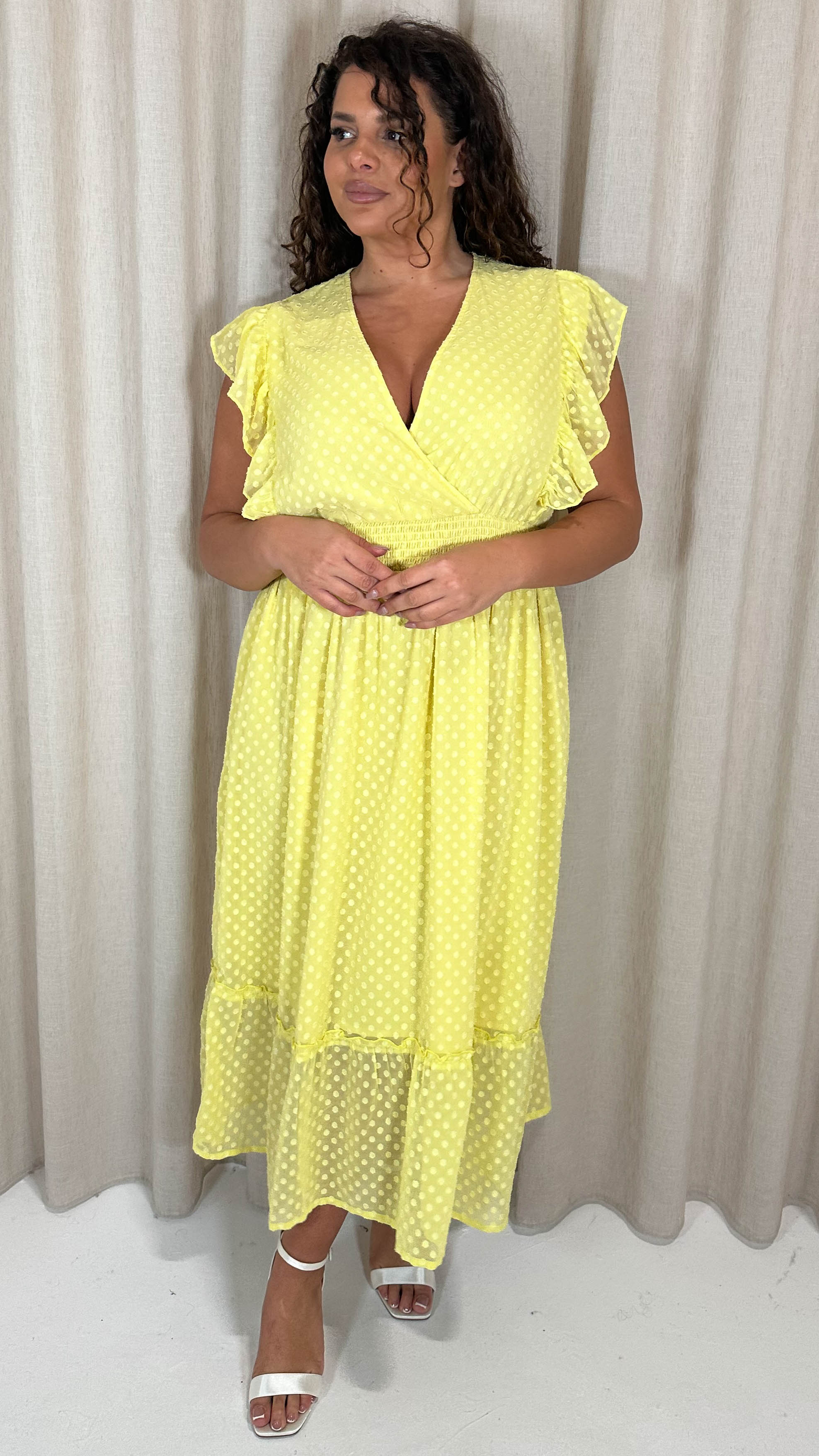CurveWow Shirred Waist Frill Maxi Dress Lemon