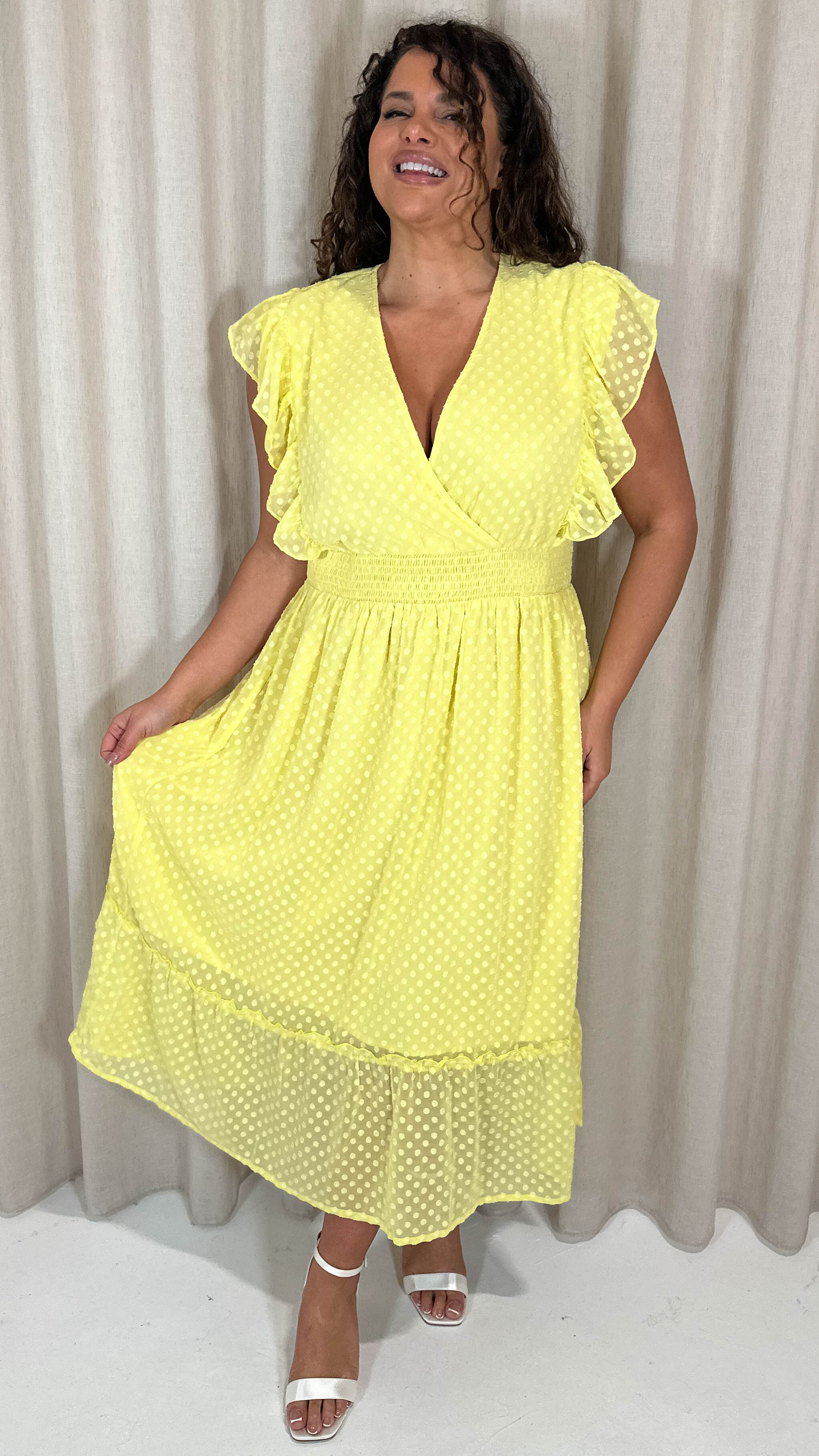 CurveWow Shirred Waist Frill Maxi Dress Lemon