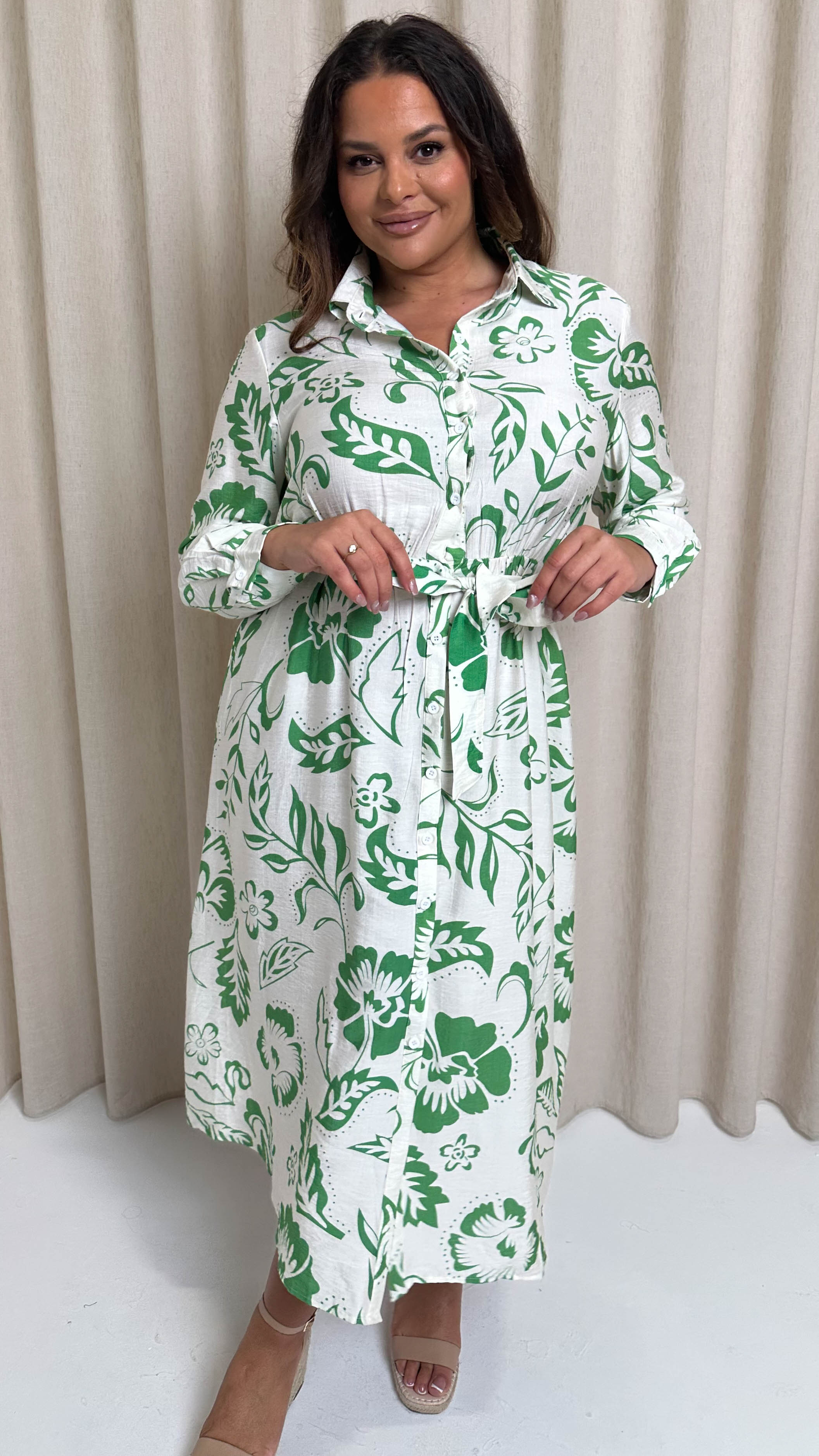 CurveWow Printed Shirt Midaxi Dress Green Floral
