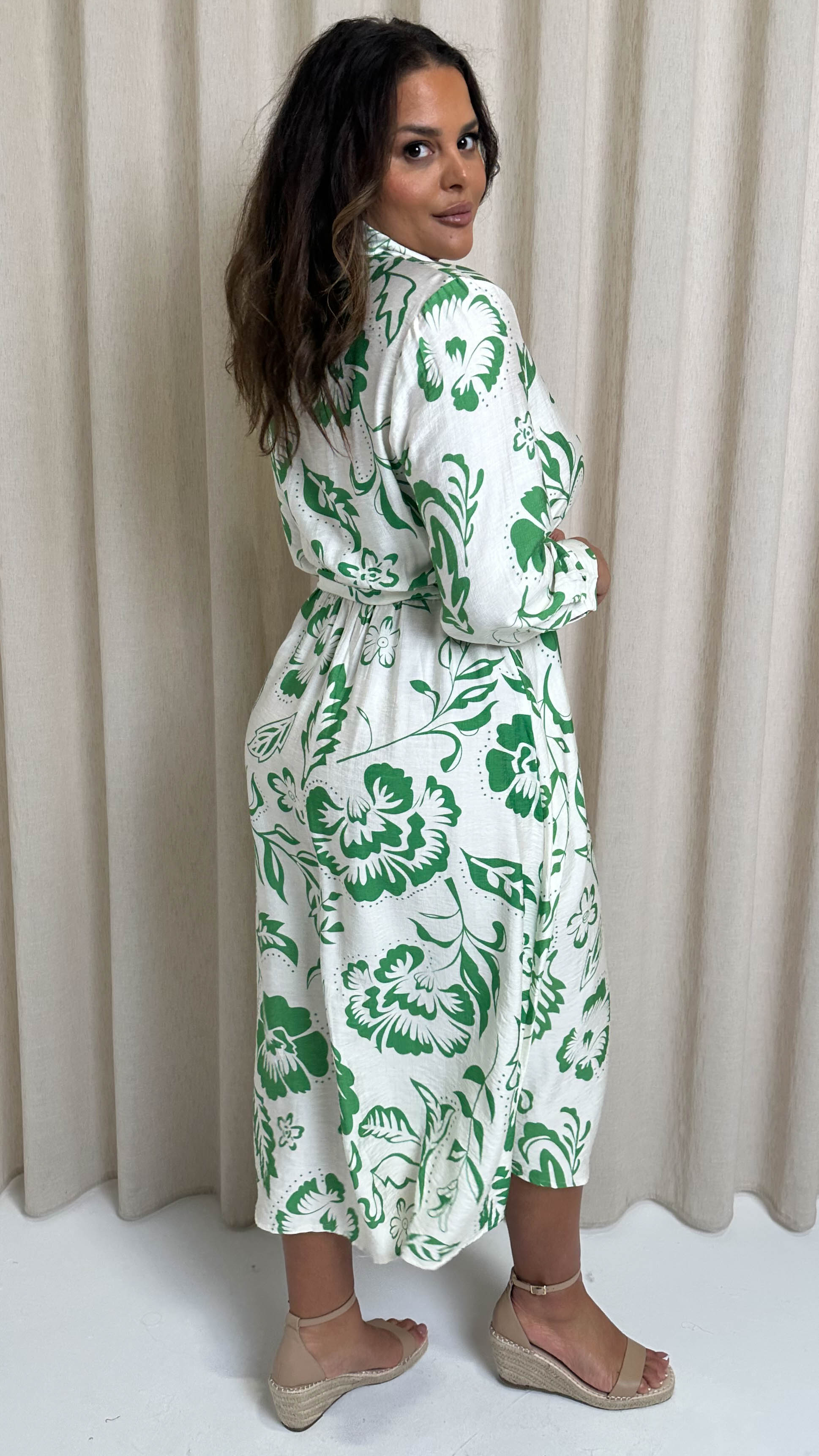 CurveWow Printed Shirt Midaxi Dress Green Floral