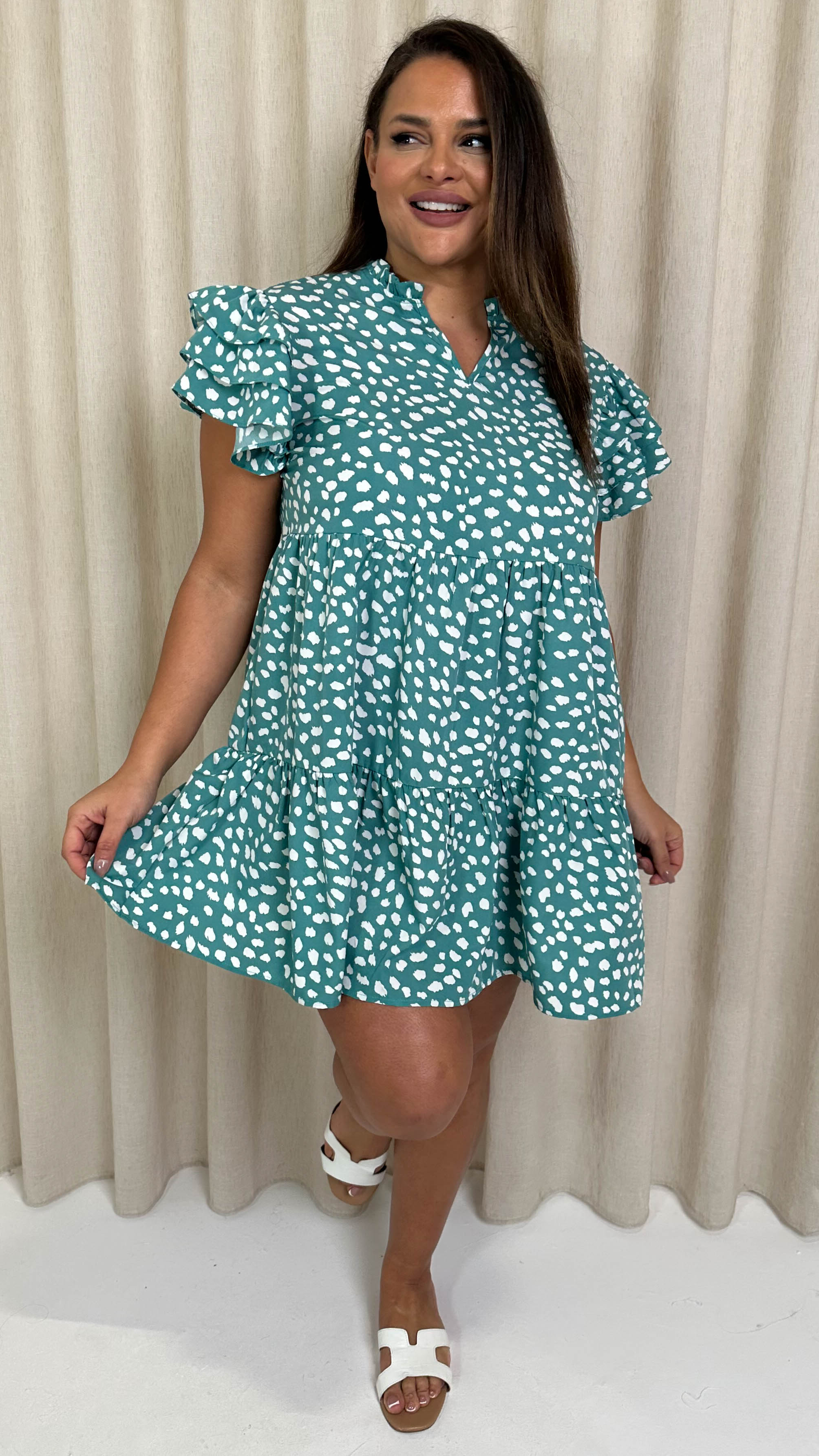 CurveWow Fluted Sleeve Smock Dress Green Smudge