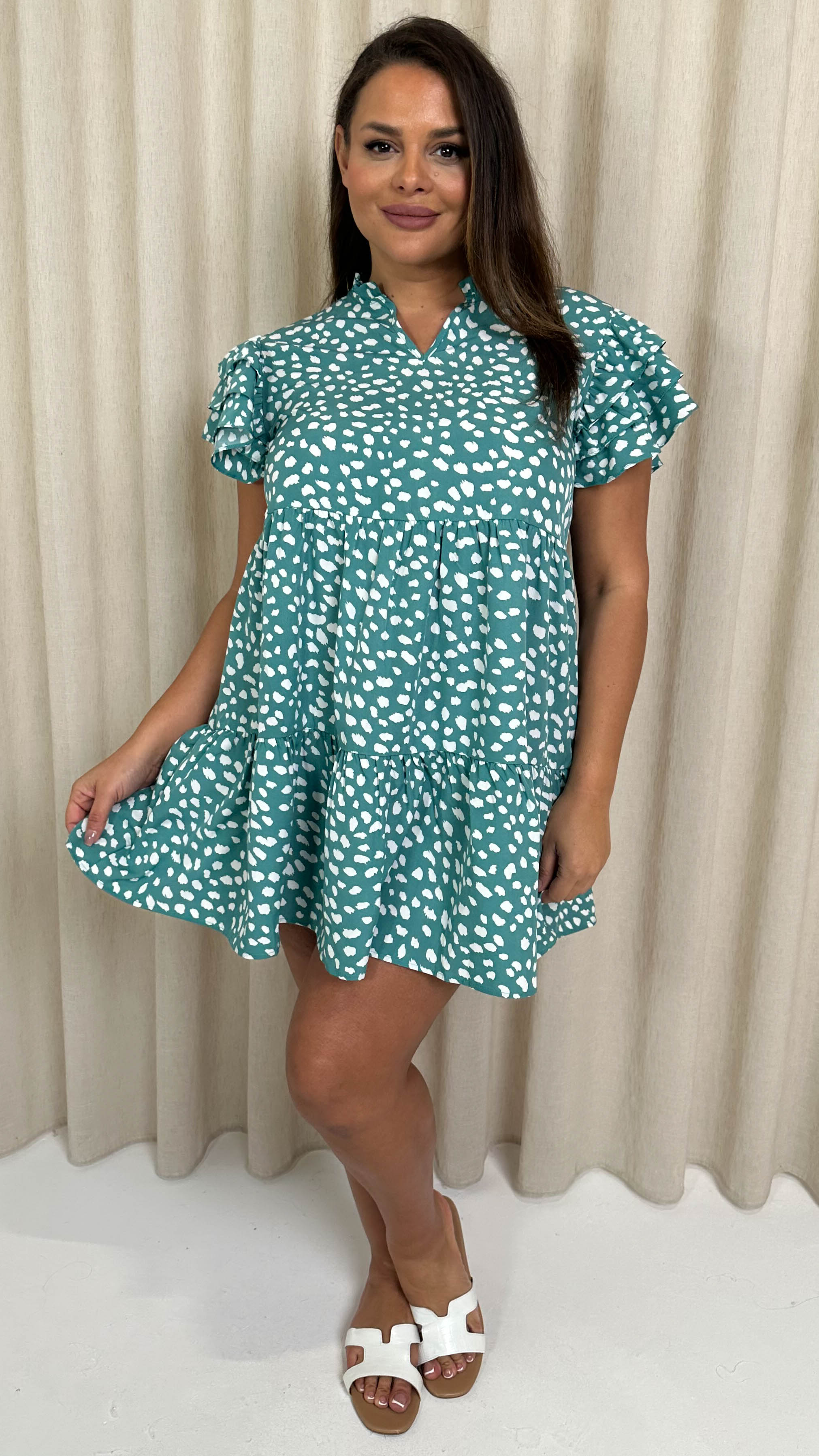 CurveWow Fluted Sleeve Smock Dress Green Smudge
