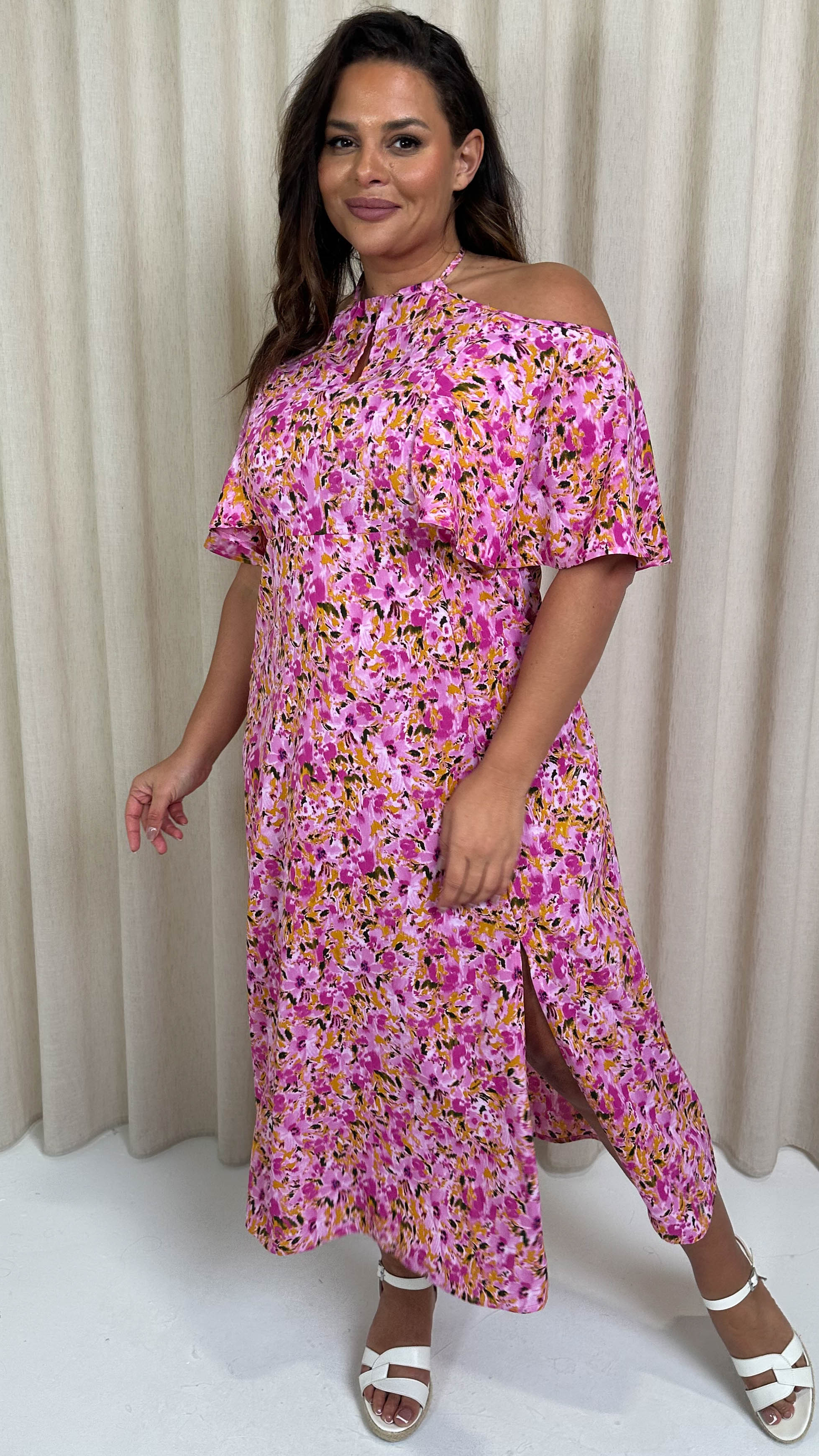 CurveWow Keyhole Cold Shoulder Midi Dress Pink Floral
