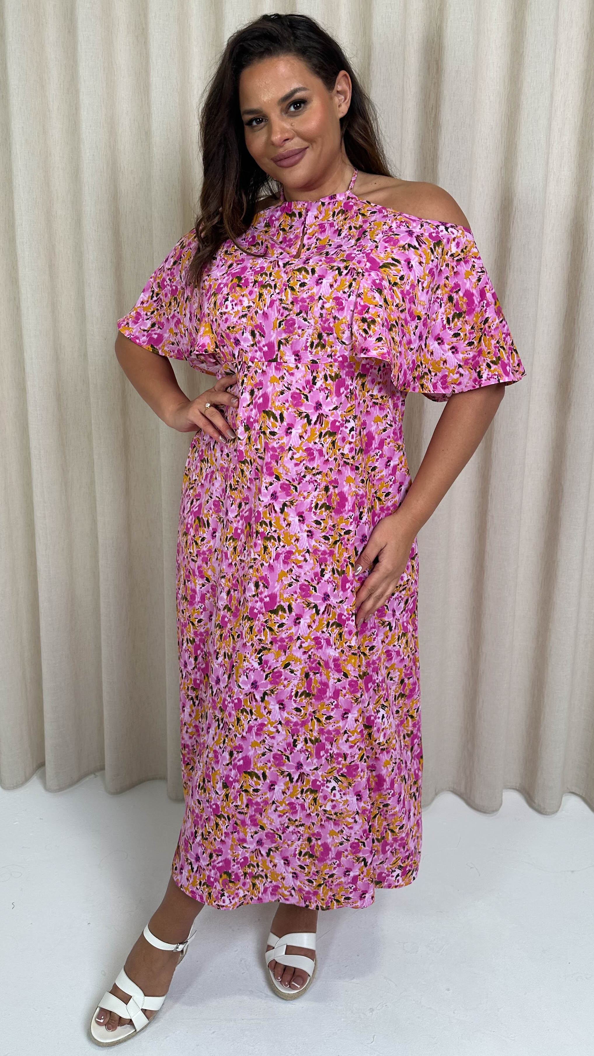 CurveWow Keyhole Cold Shoulder Midi Dress Pink Floral