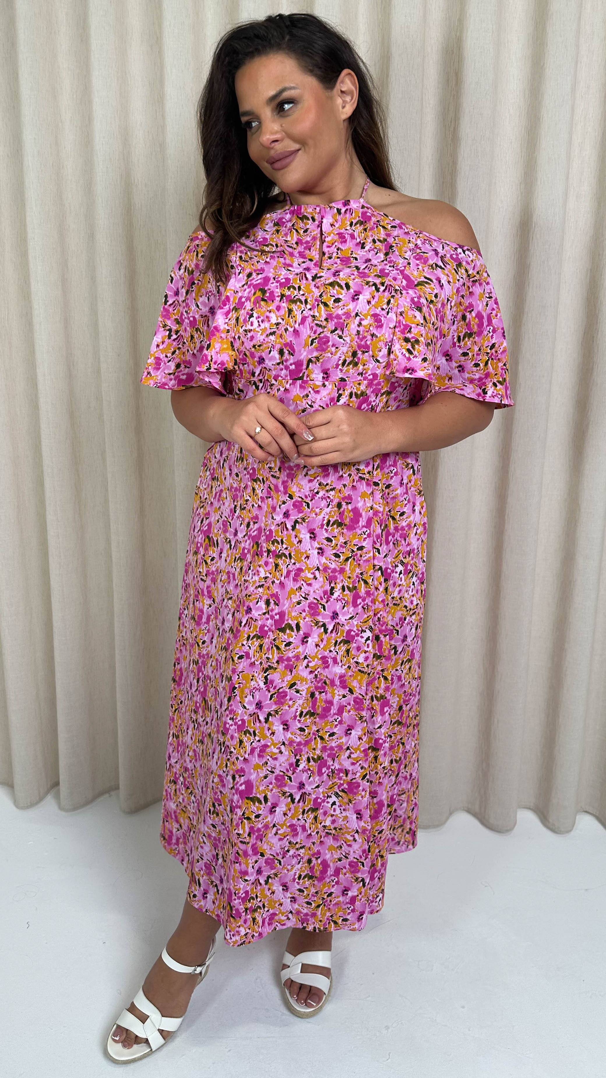 CurveWow Keyhole Cold Shoulder Midi Dress Pink Floral