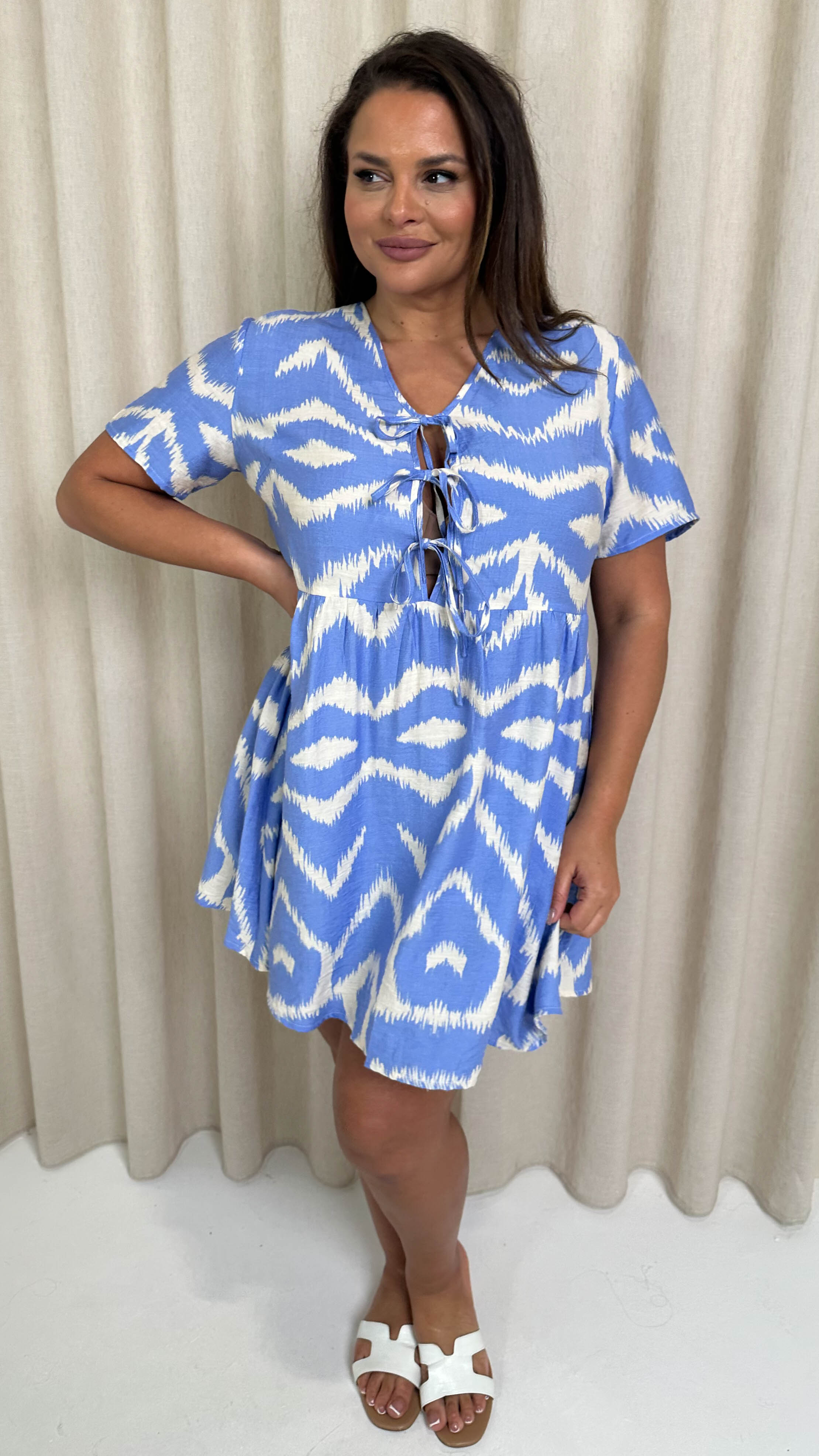 CurveWow Printed Tie Front Smock Dress Blue Aztec