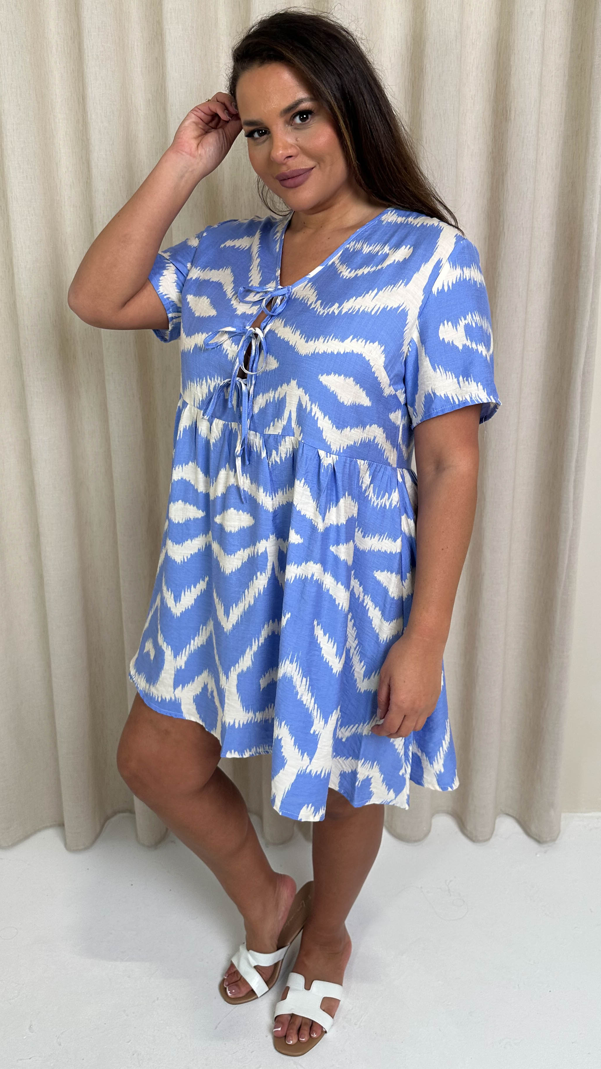 CurveWow Printed Tie Front Smock Dress Blue Aztec