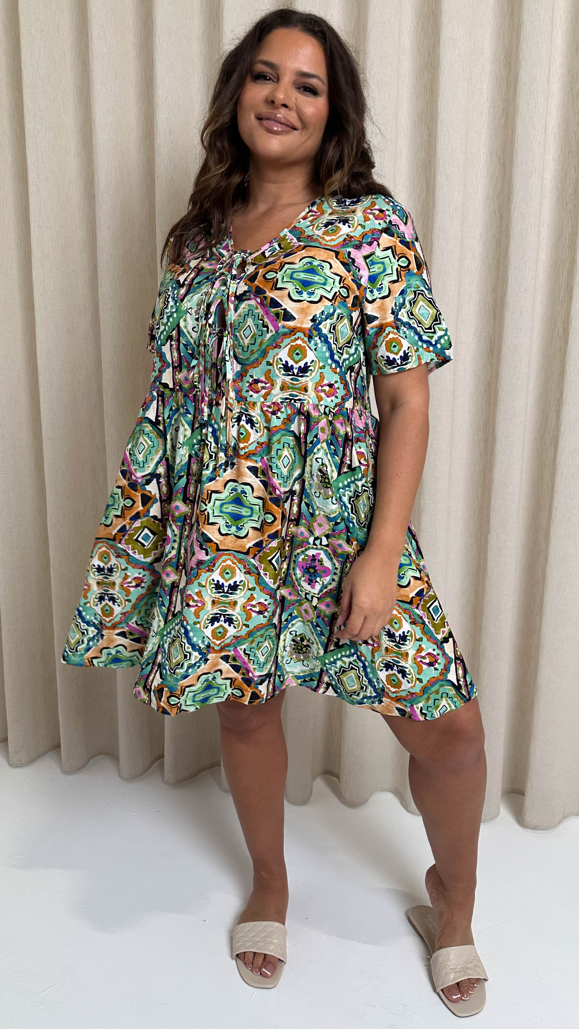 CurveWow Printed Tie Front Smock Dress Multi Aztec
