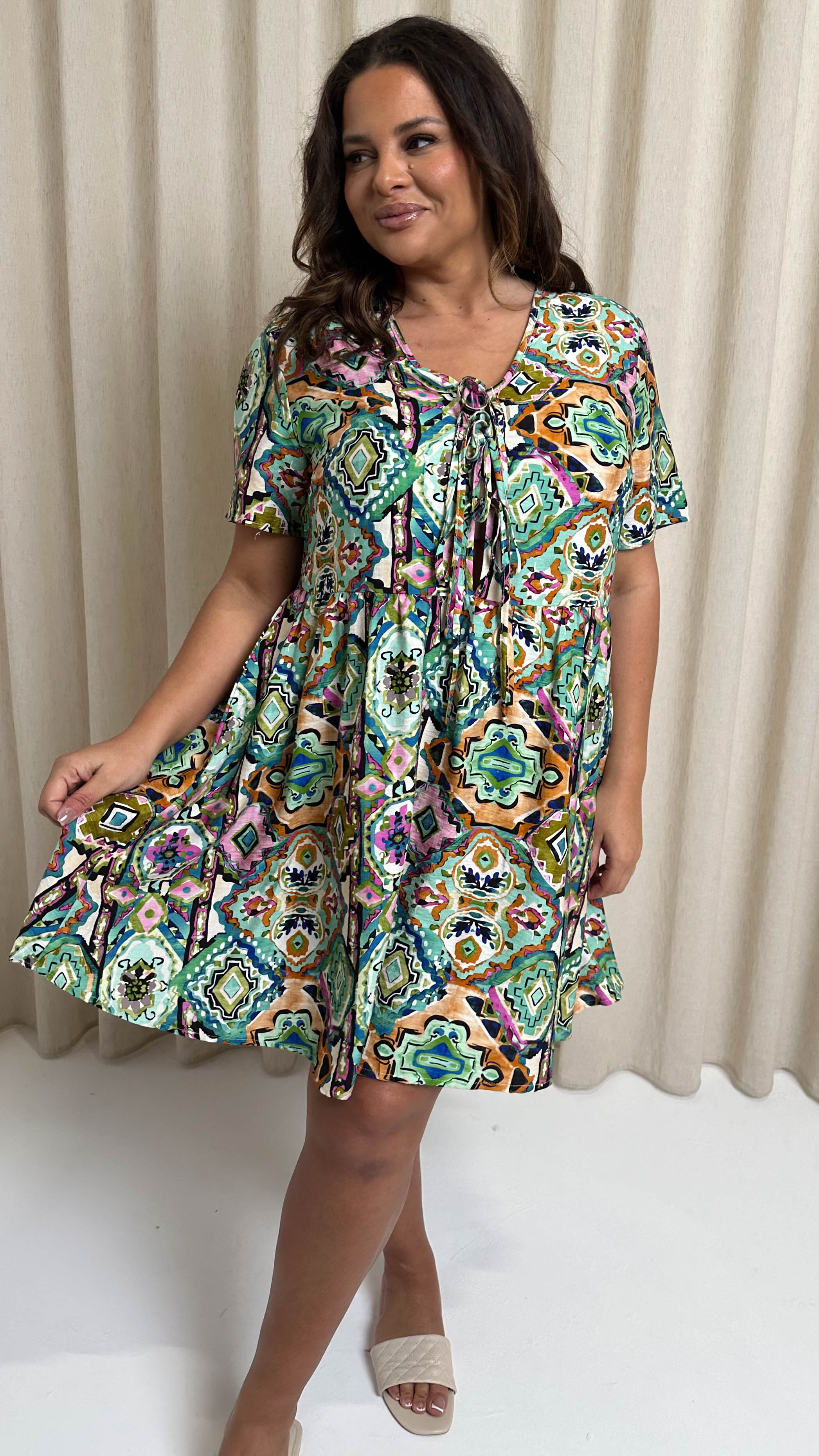 CurveWow Printed Tie Front Smock Dress Multi Aztec