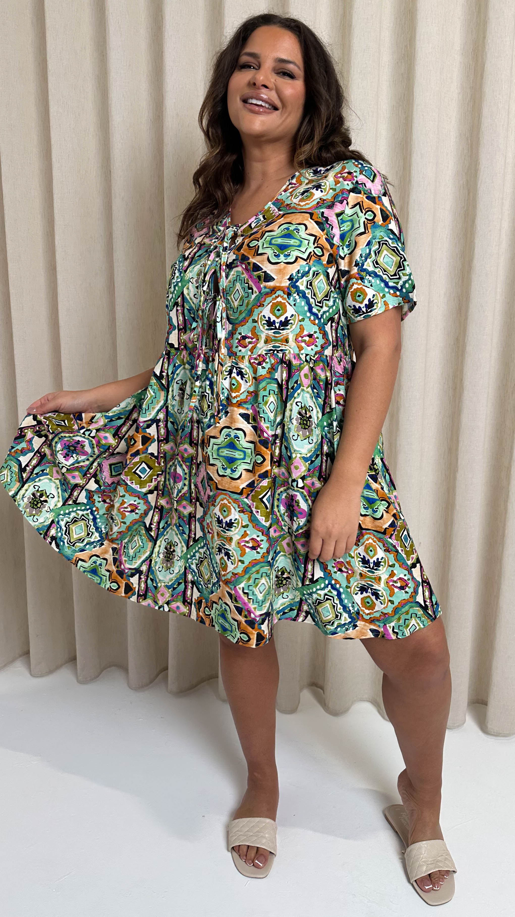CurveWow Printed Tie Front Smock Dress Multi Aztec