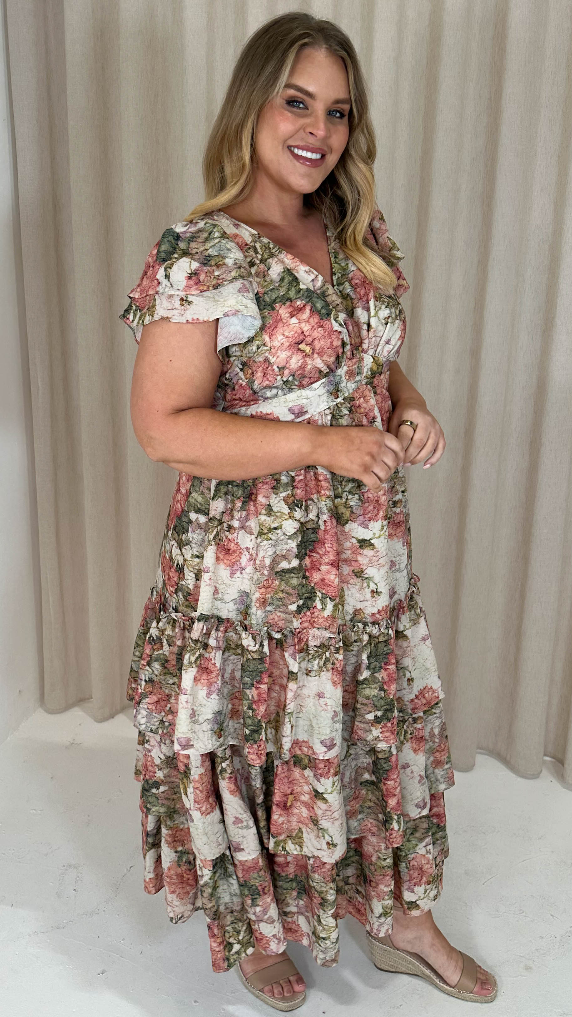 CurveWow Tiered Sleeve Maxi Dress Ivory Floral