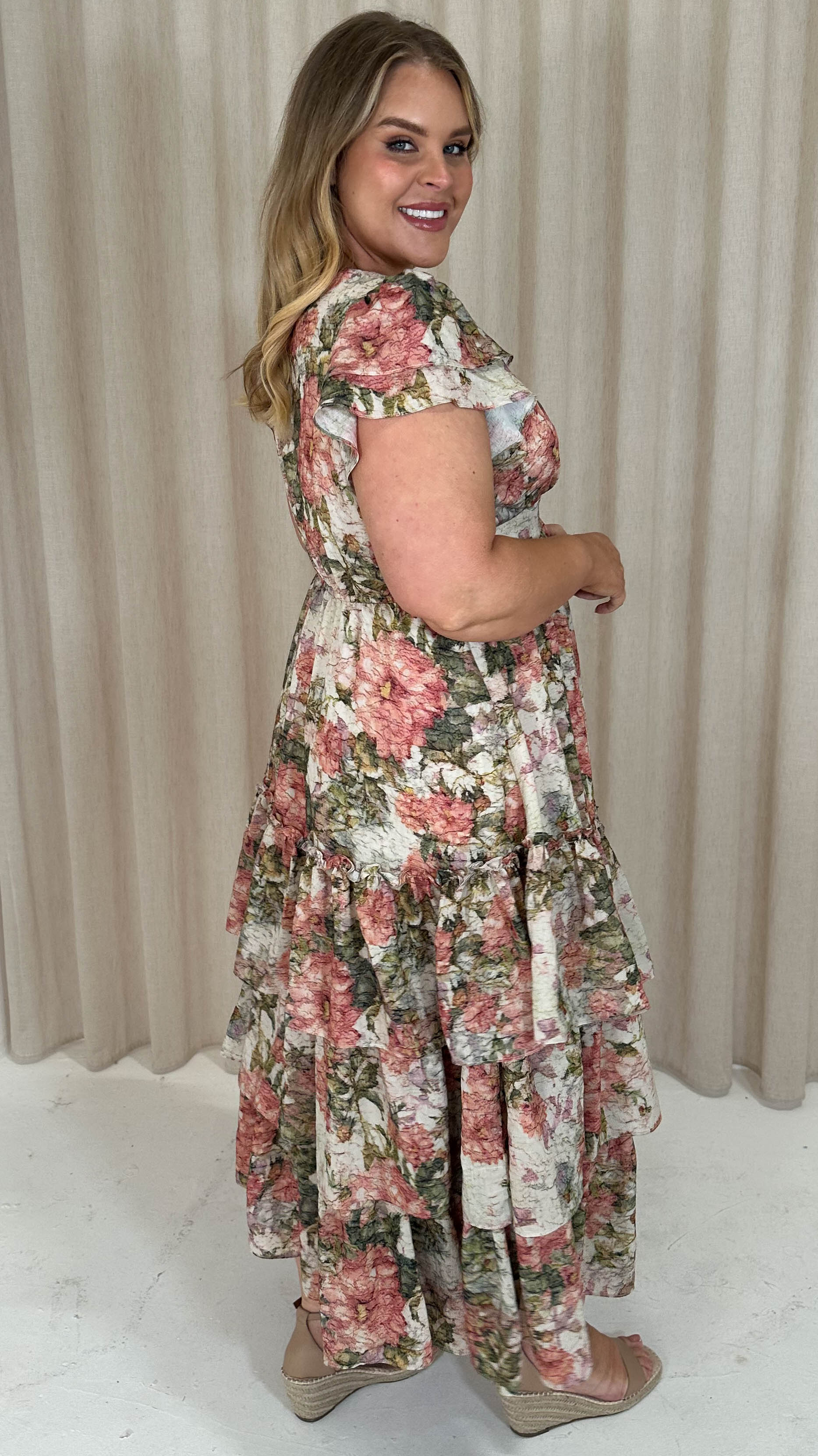 CurveWow Tiered Sleeve Maxi Dress Ivory Floral