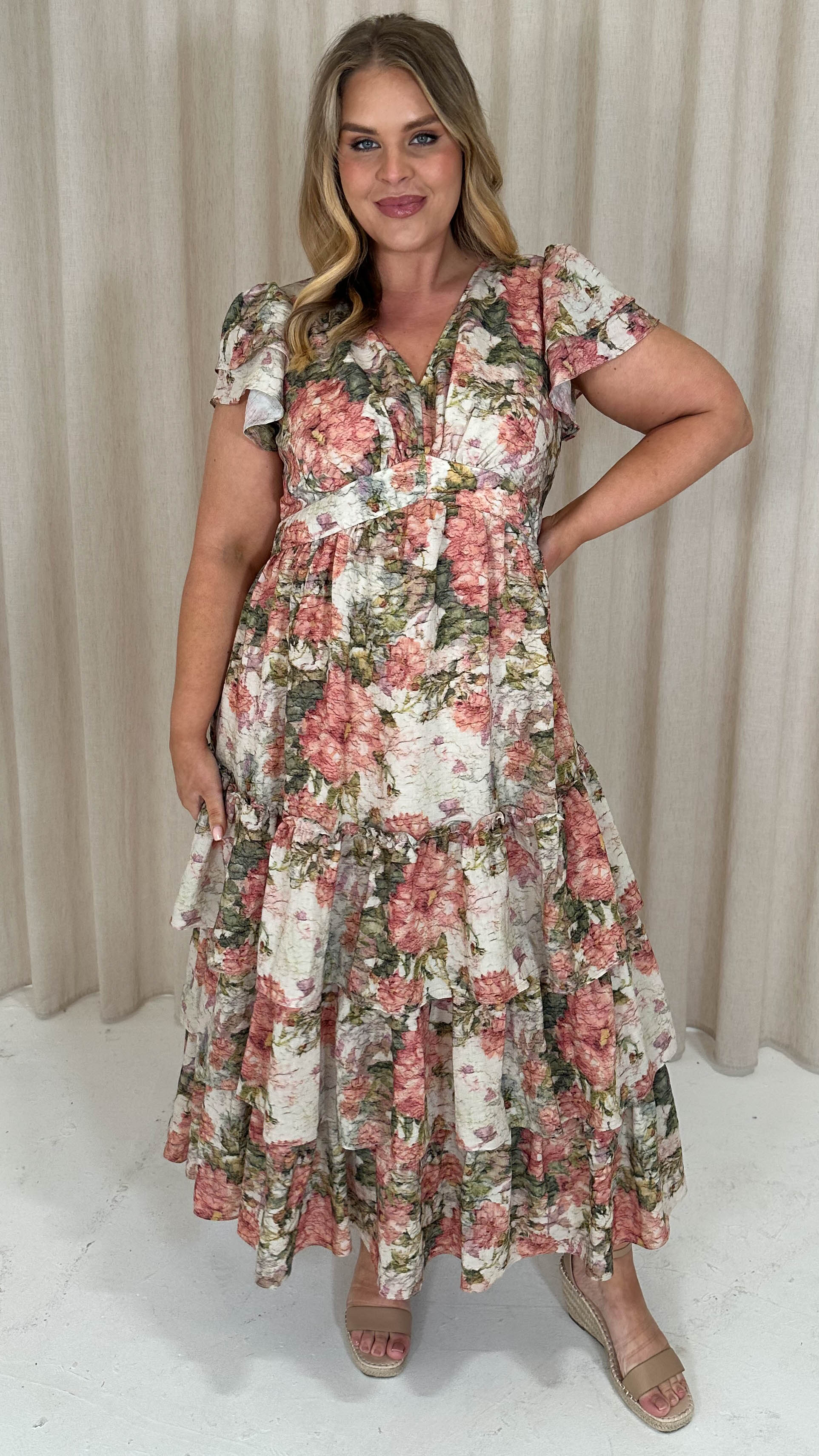 CurveWow Tiered Sleeve Maxi Dress Ivory Floral