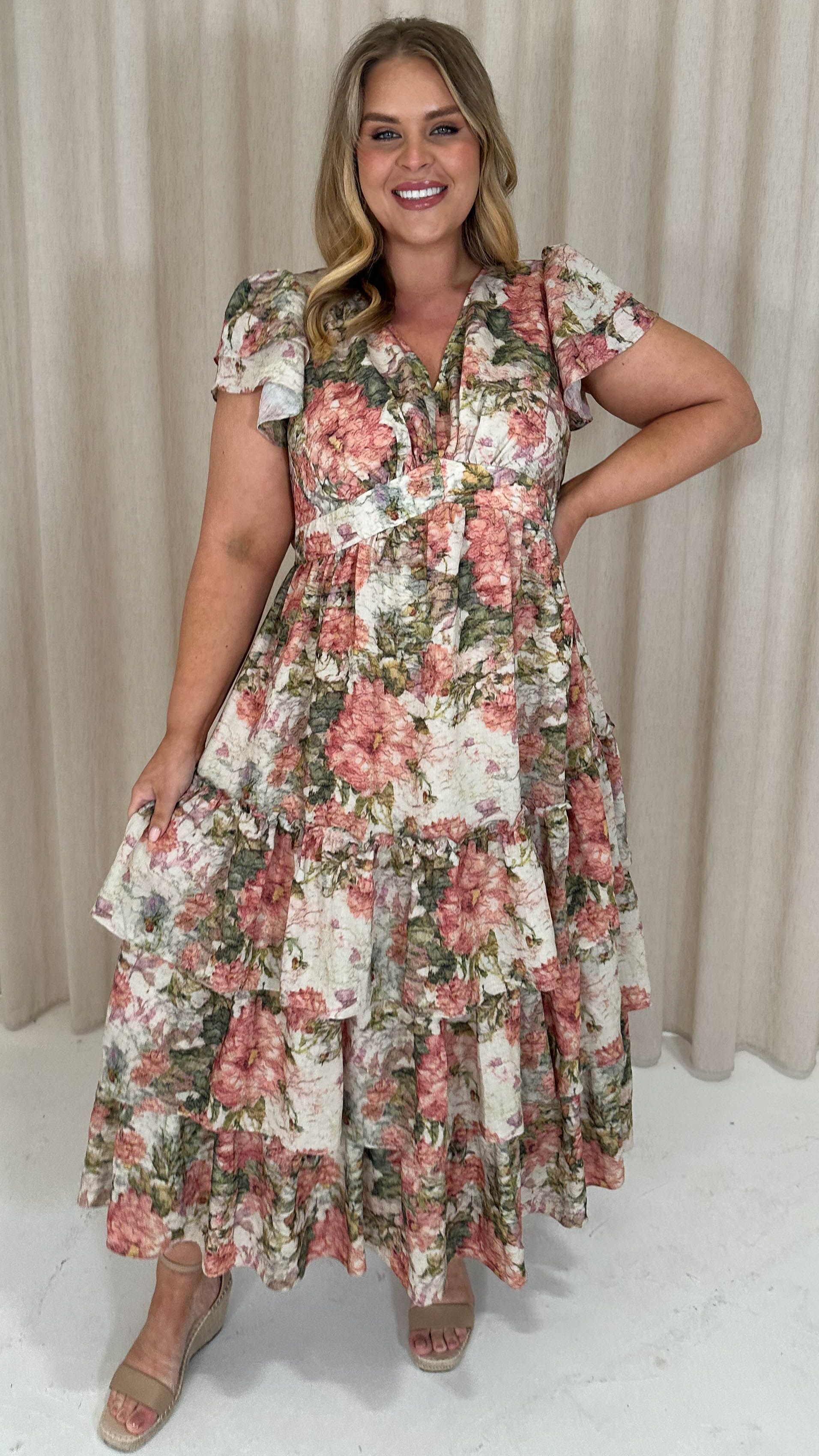 CurveWow Tiered Sleeve Maxi Dress Ivory Floral