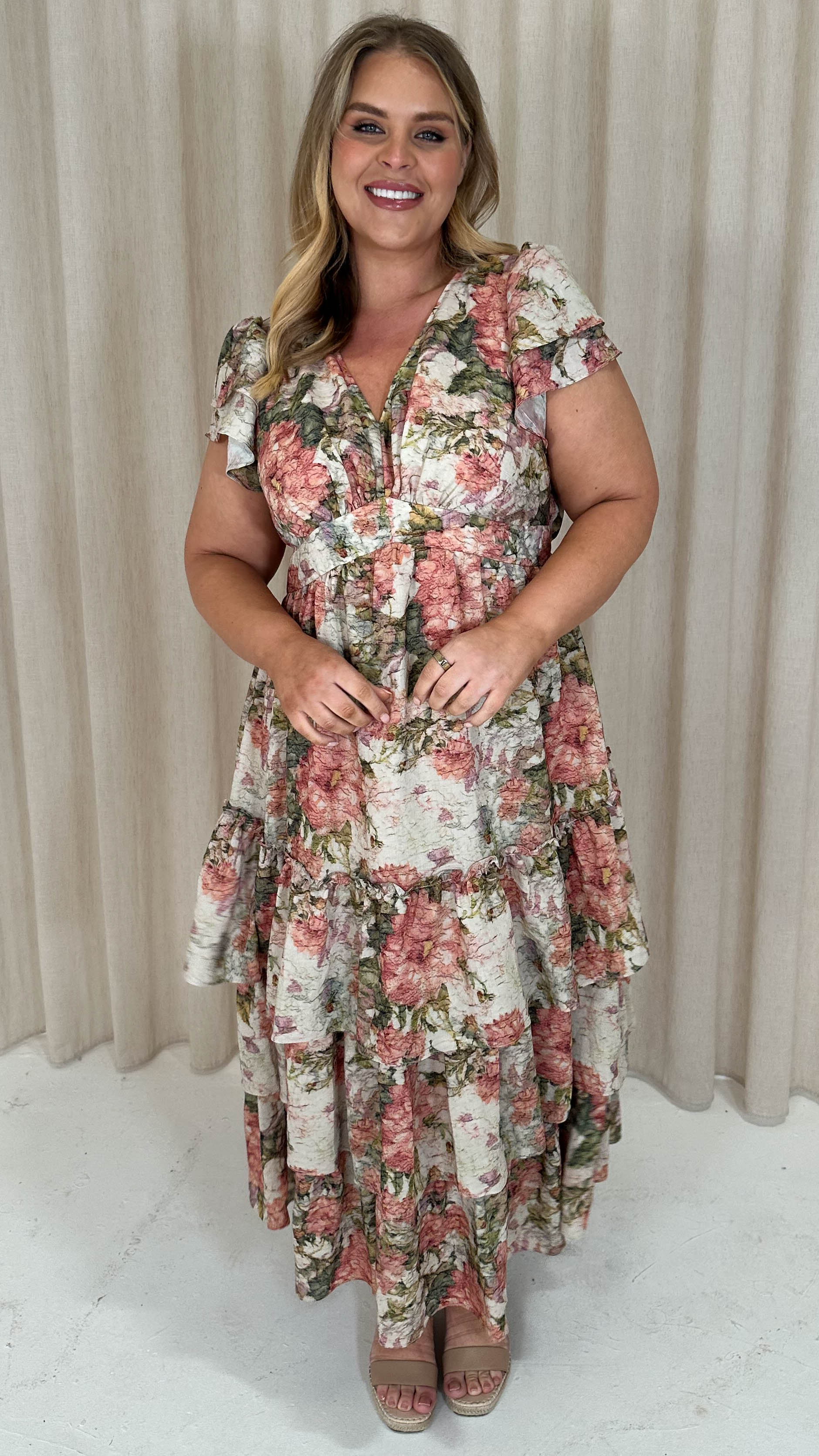 CurveWow Tiered Sleeve Maxi Dress Ivory Floral