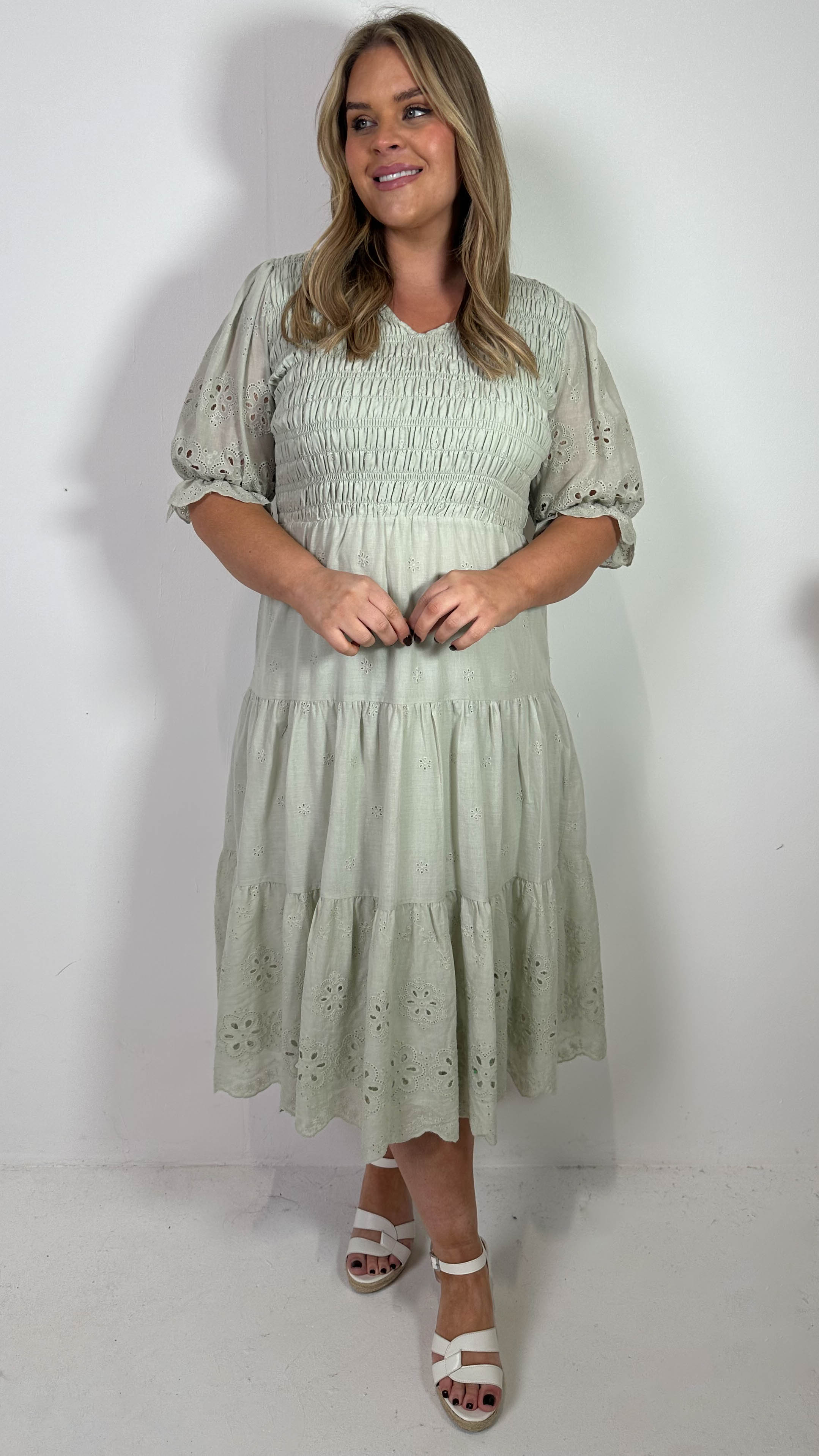 CurveWow Shirred Broderie Tea Dress Stone