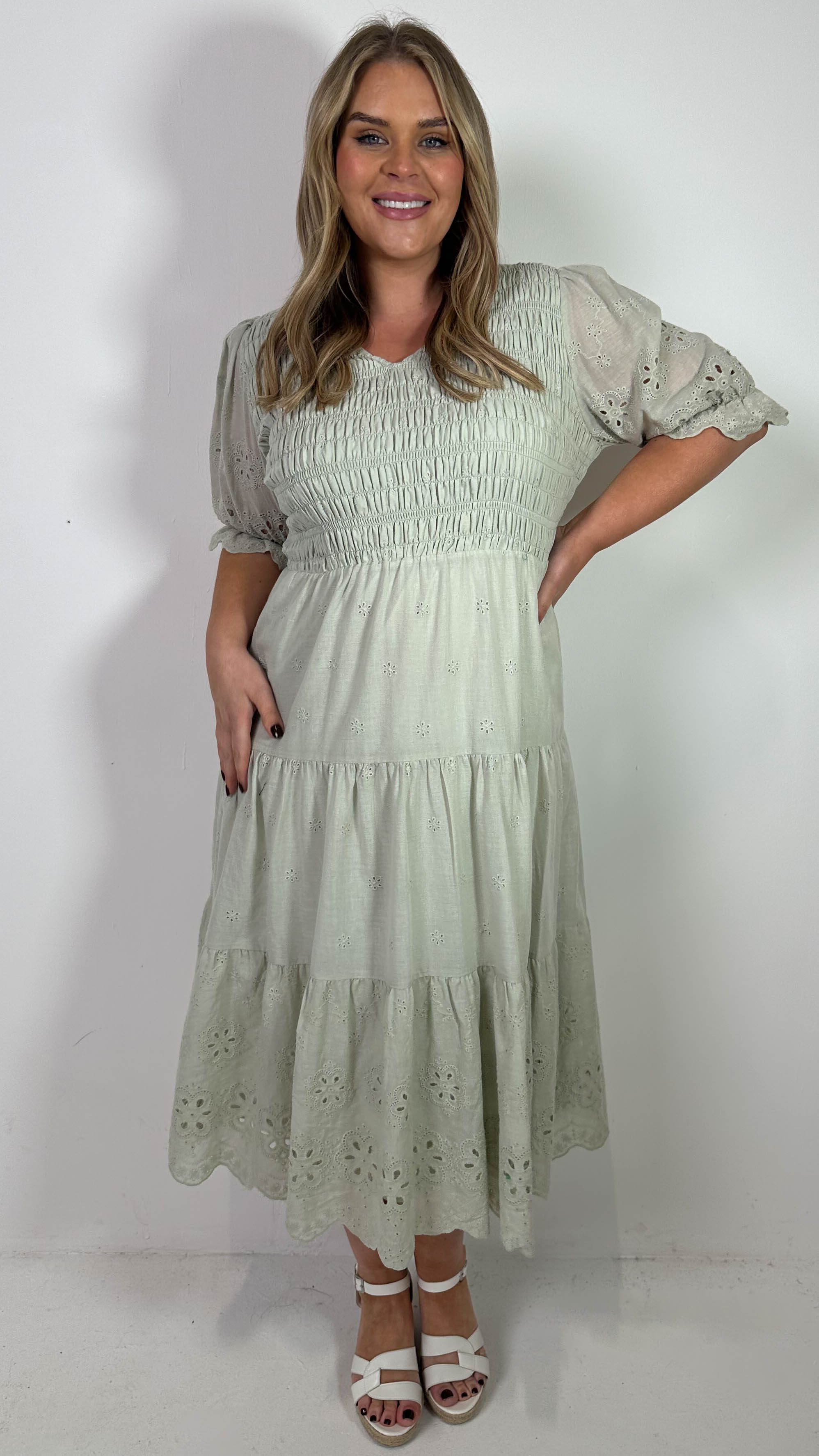 CurveWow Shirred Broderie Tea Dress Stone