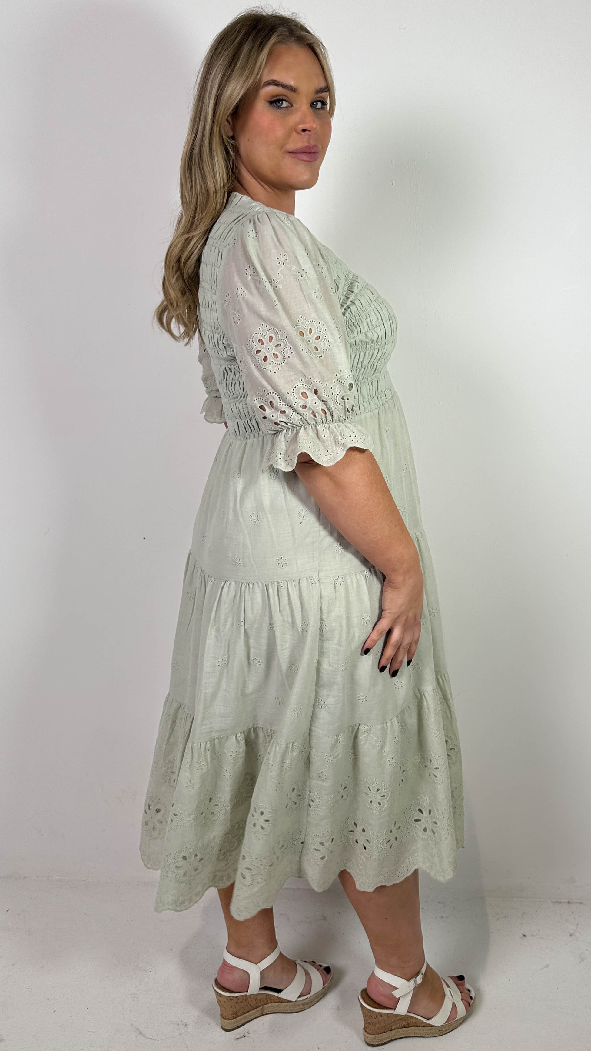 CurveWow Shirred Broderie Tea Dress Stone