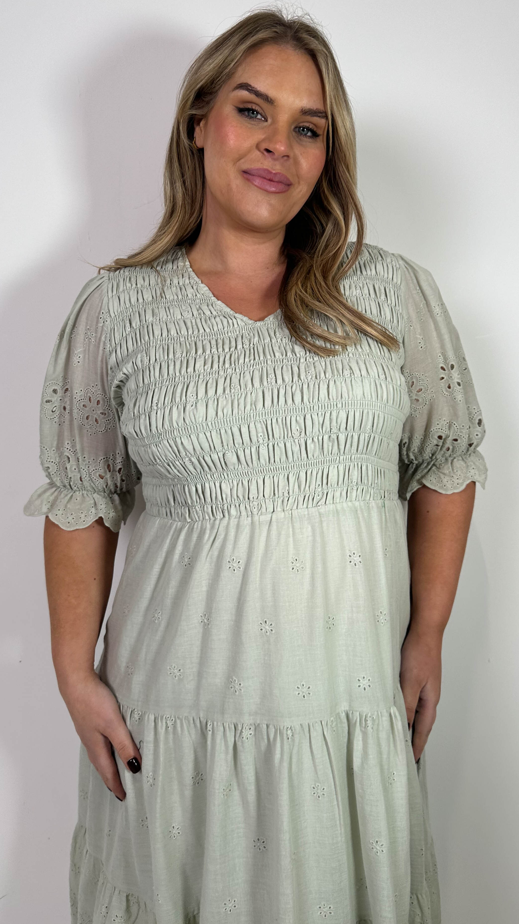 CurveWow Shirred Broderie Tea Dress Stone