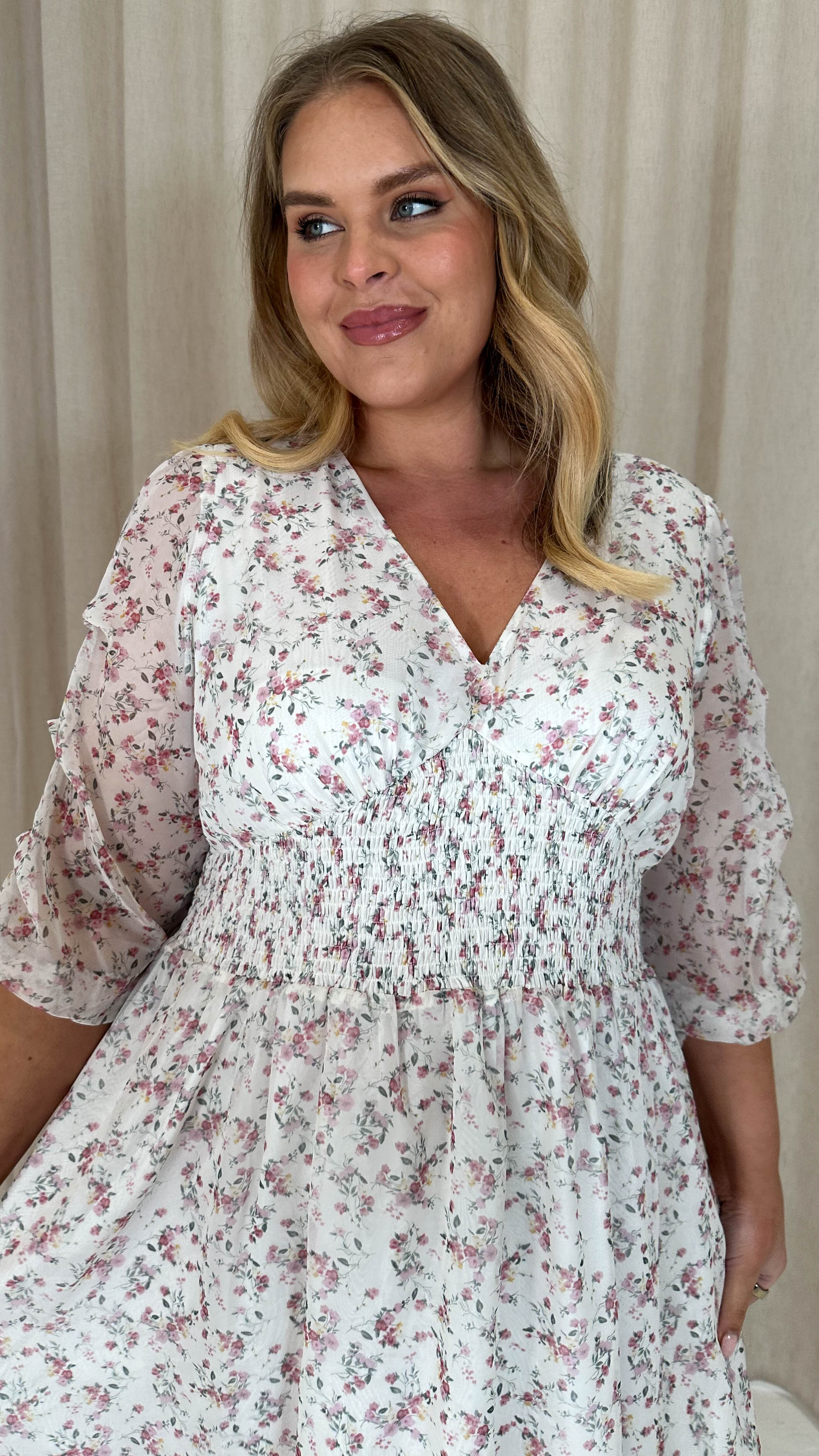 CurveWow Ruched Sleeve Floral Tea Dress White