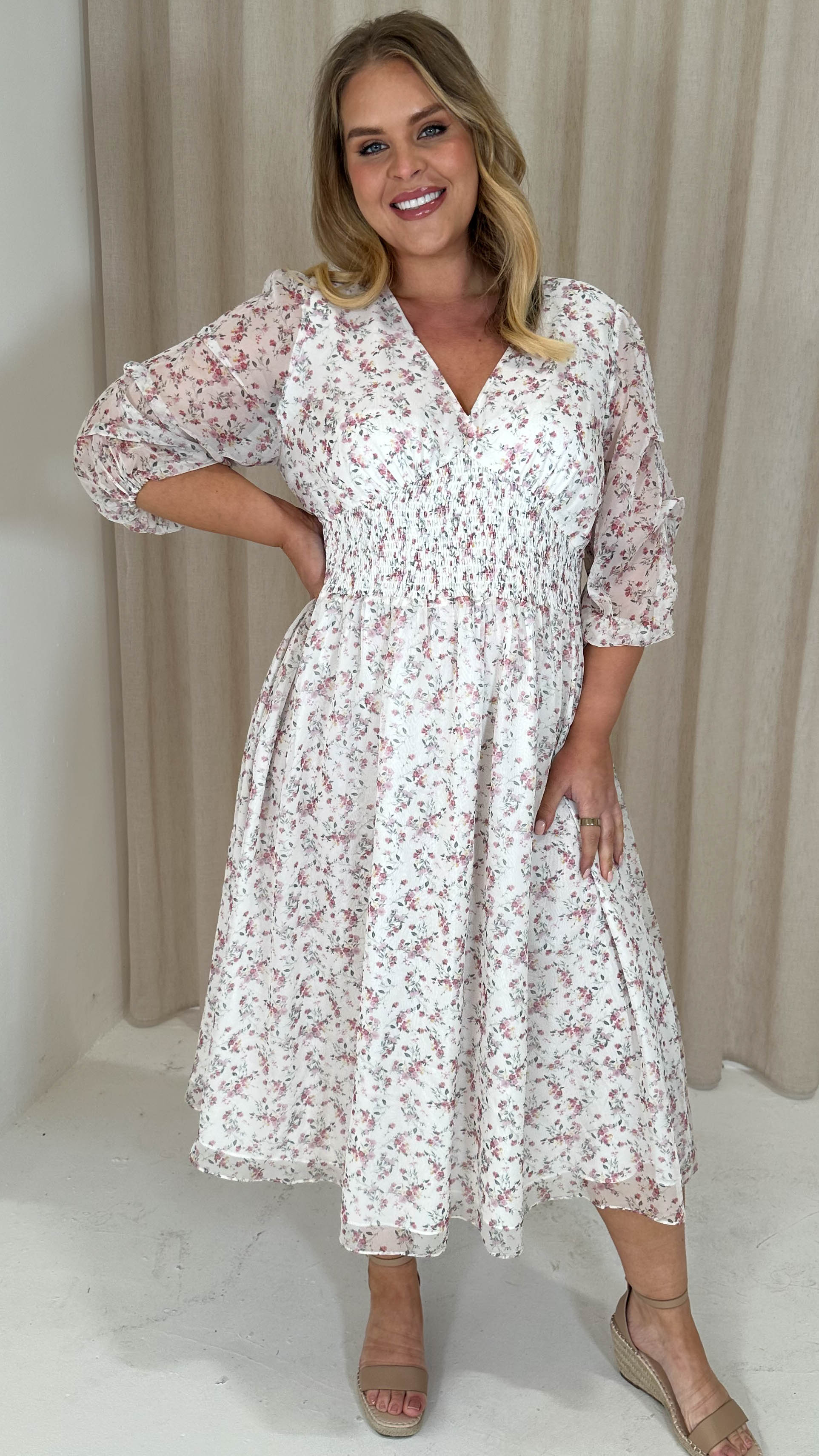 CurveWow Ruched Sleeve Floral Tea Dress White