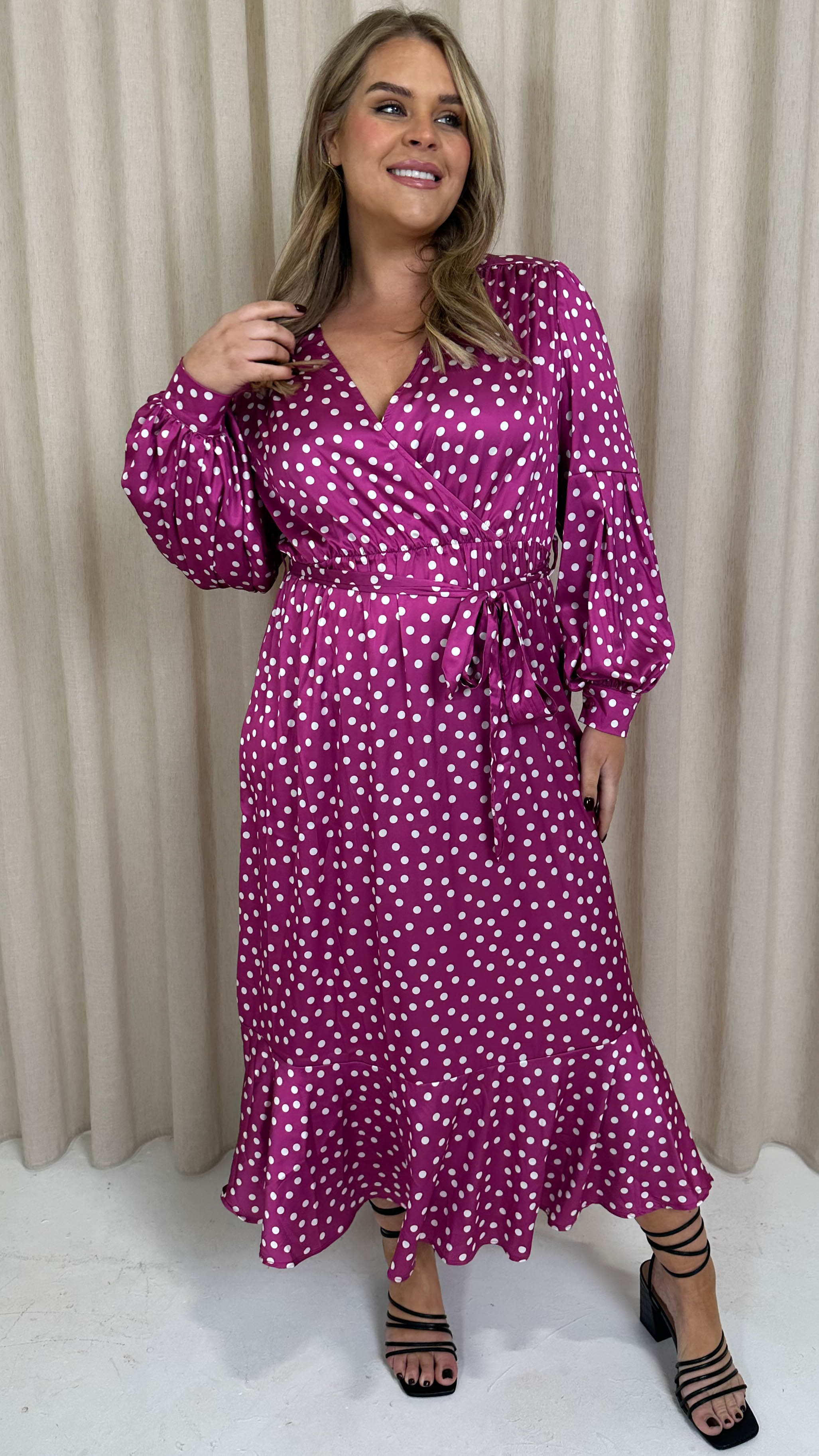 CurveWow Printed Wrap Dress Magenta Spot