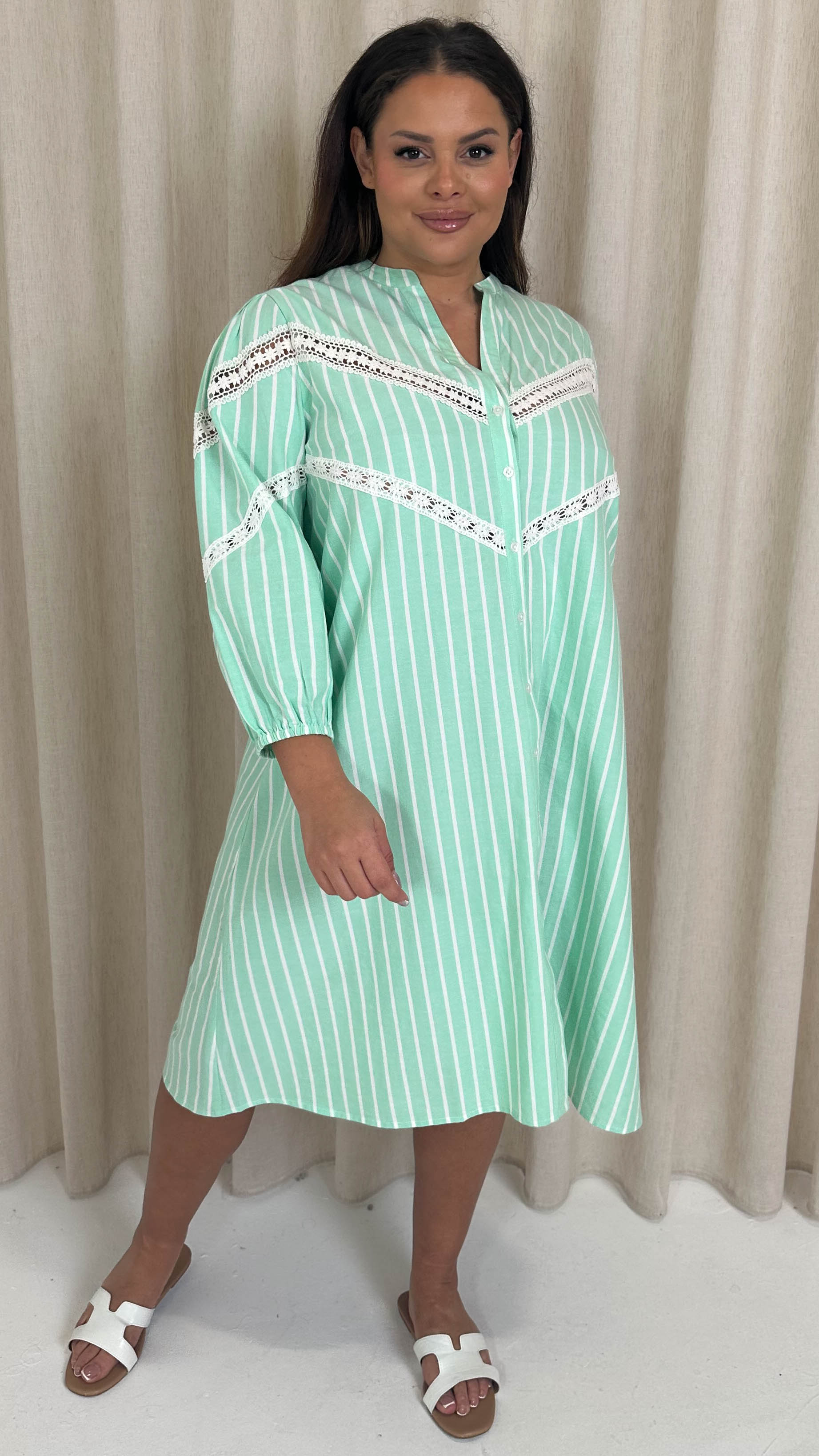 CurveWow Striped Shirt Dress Green Stripe