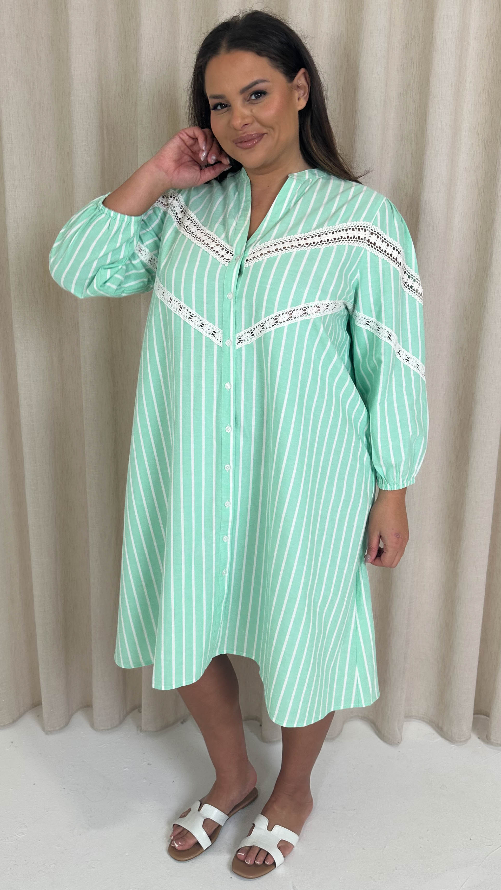 CurveWow Striped Shirt Dress Green Stripe