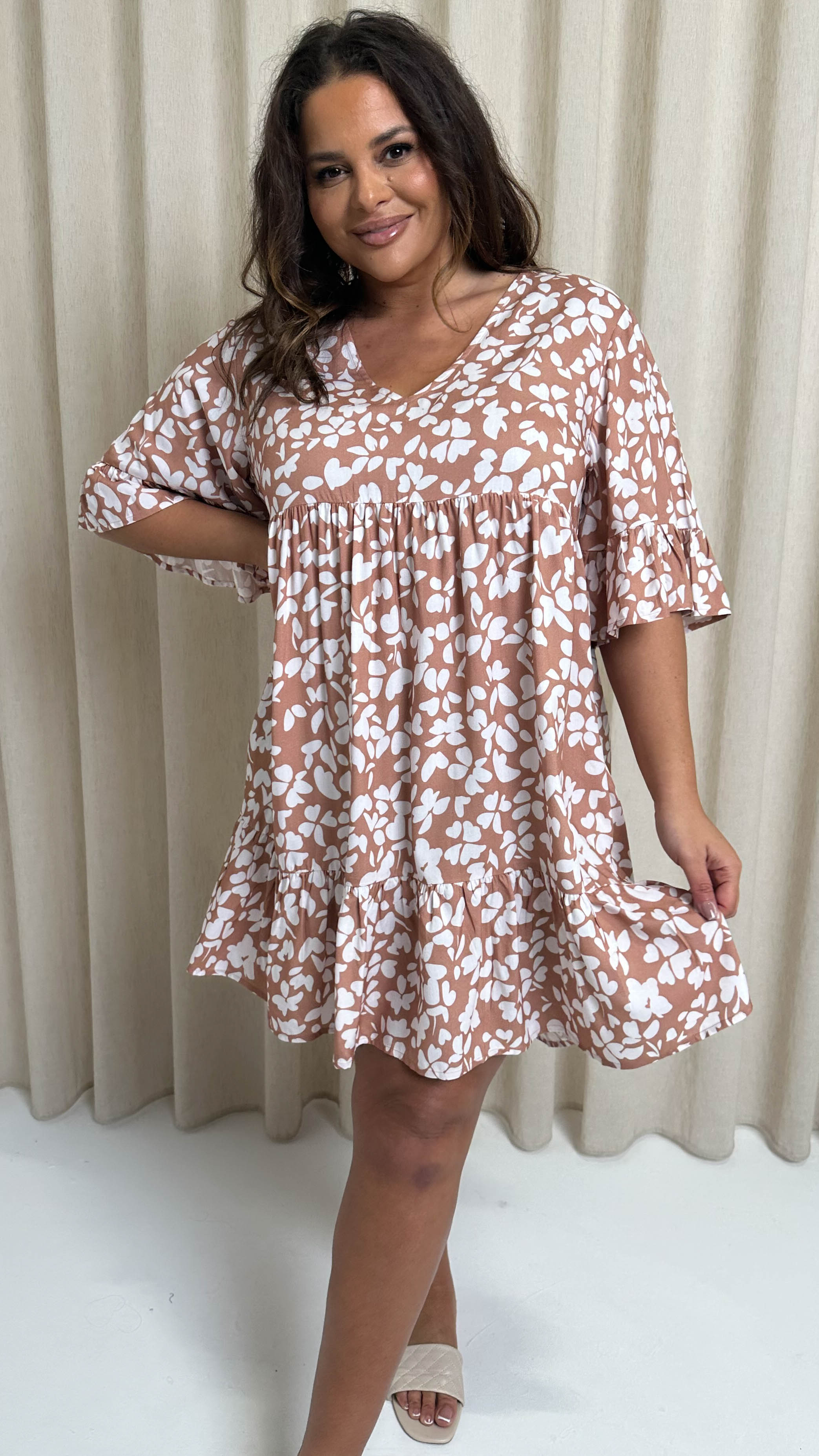 CurveWow V Neck Frill Sleeve Smock Dress Taupe Floral
