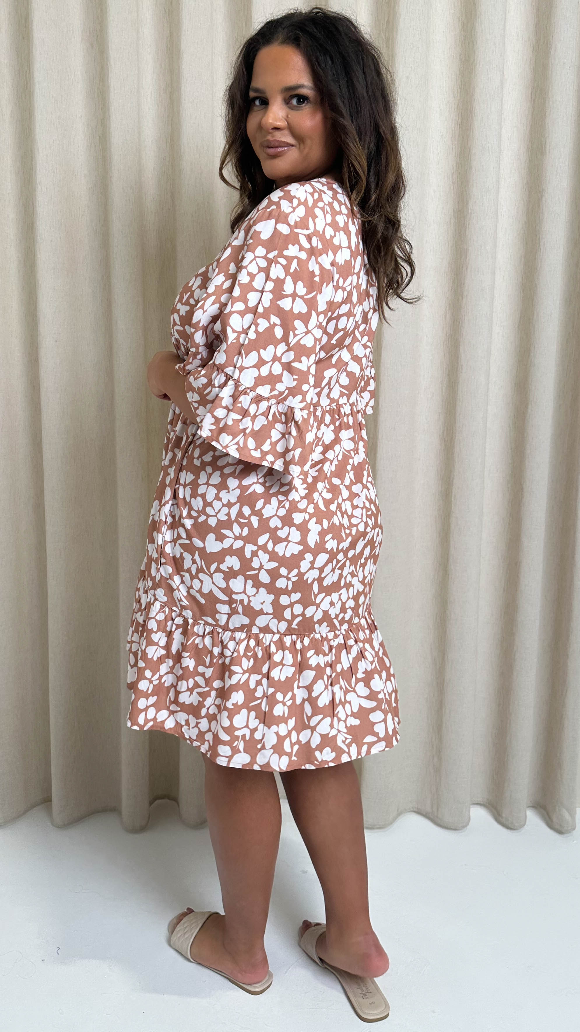 CurveWow V Neck Frill Sleeve Smock Dress Taupe Floral