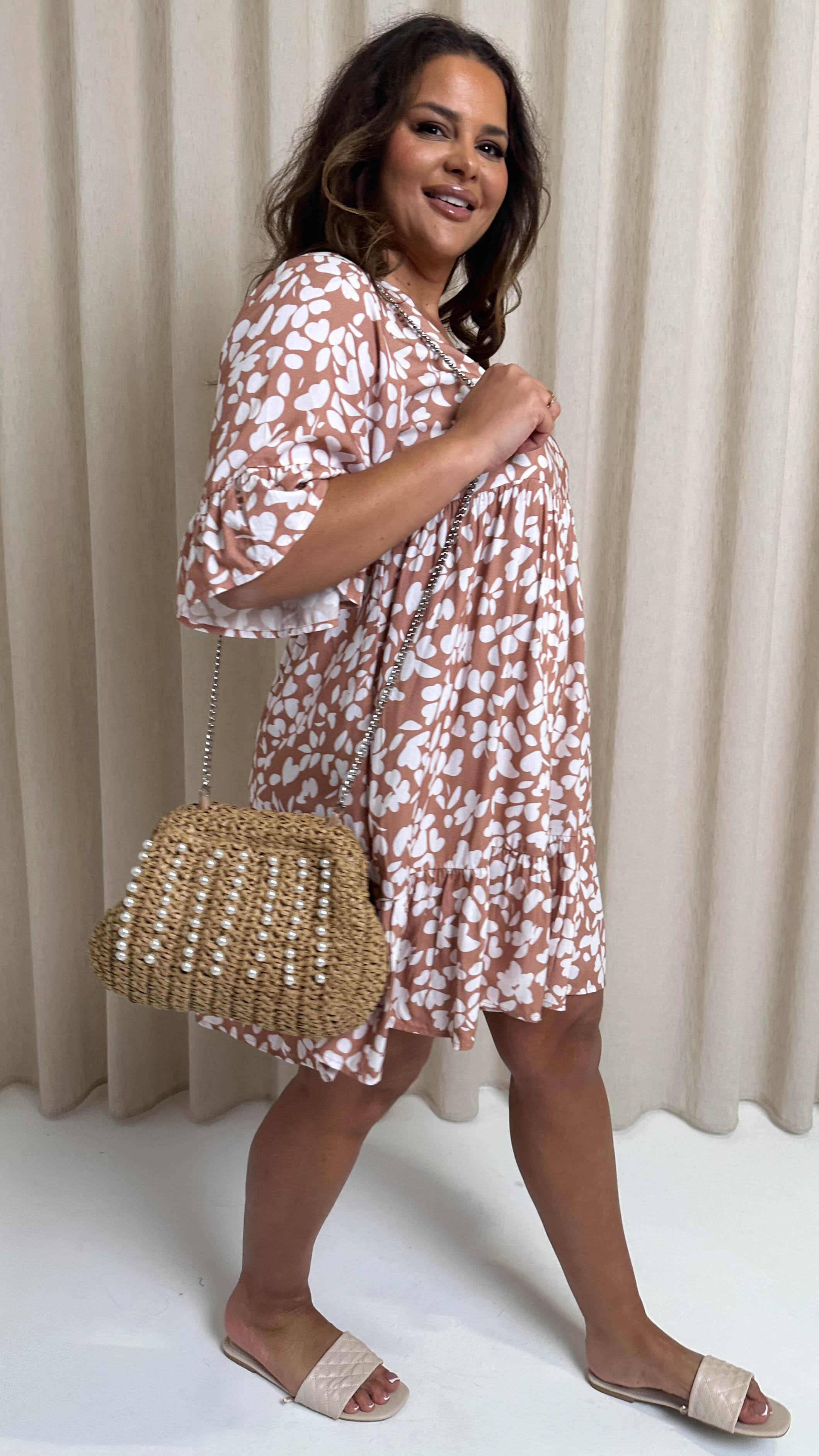 CurveWow V Neck Frill Sleeve Smock Dress Taupe Floral