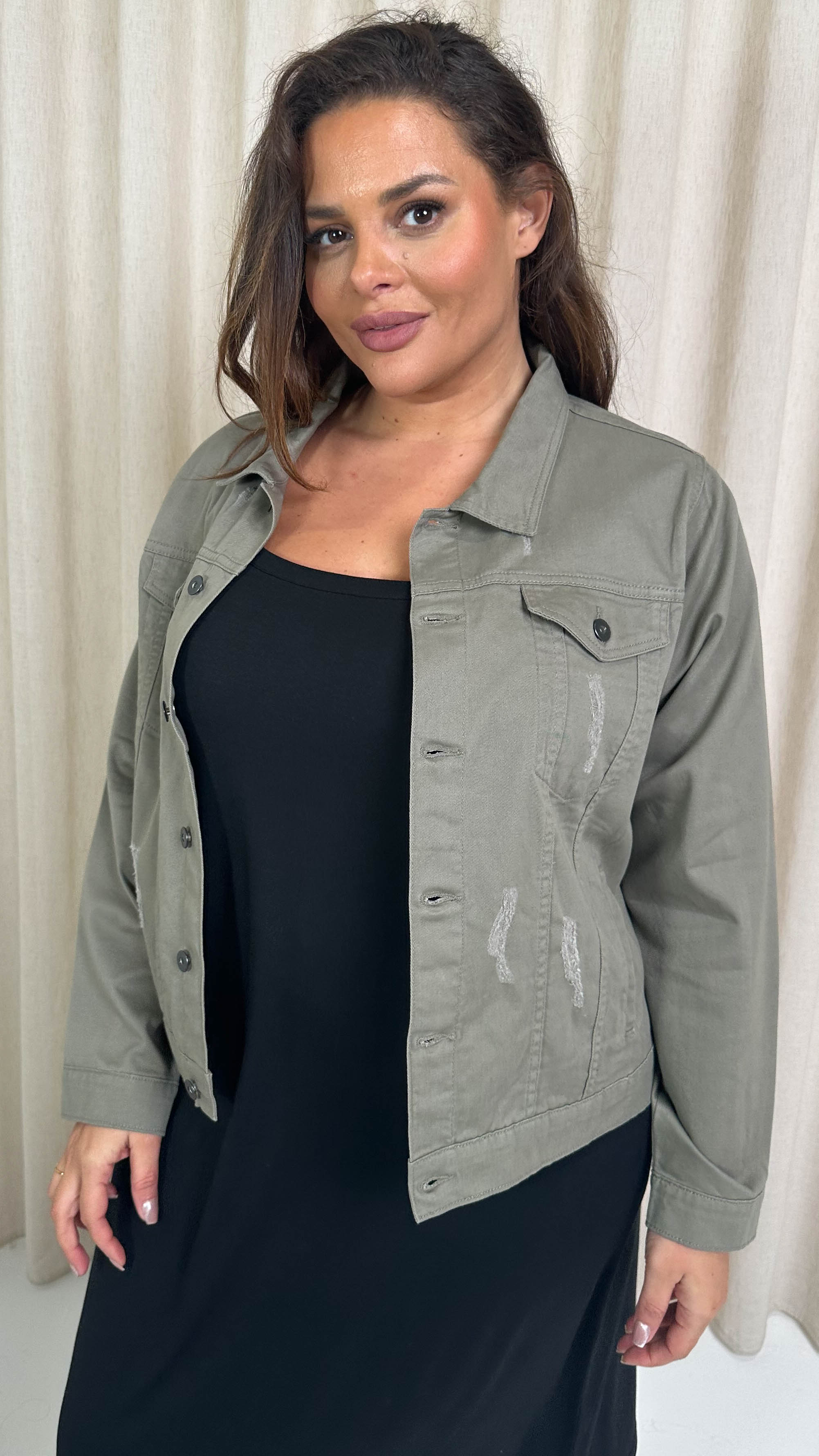 CurveWow Distressed Denim Jacket Khaki