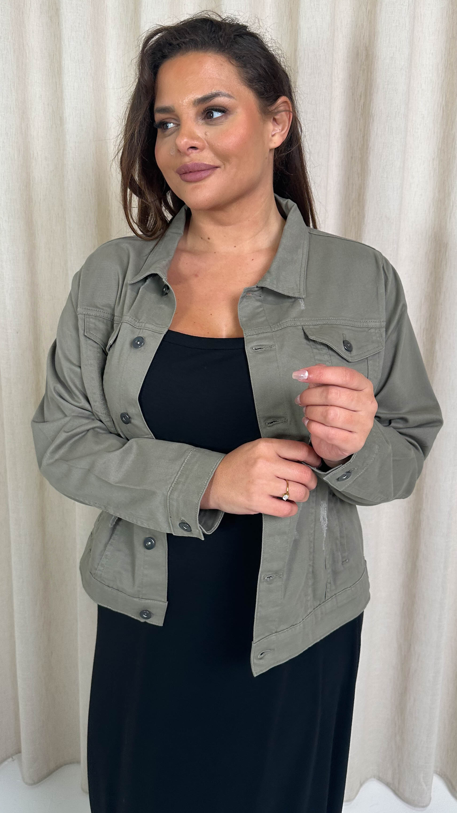 CurveWow Distressed Denim Jacket Khaki