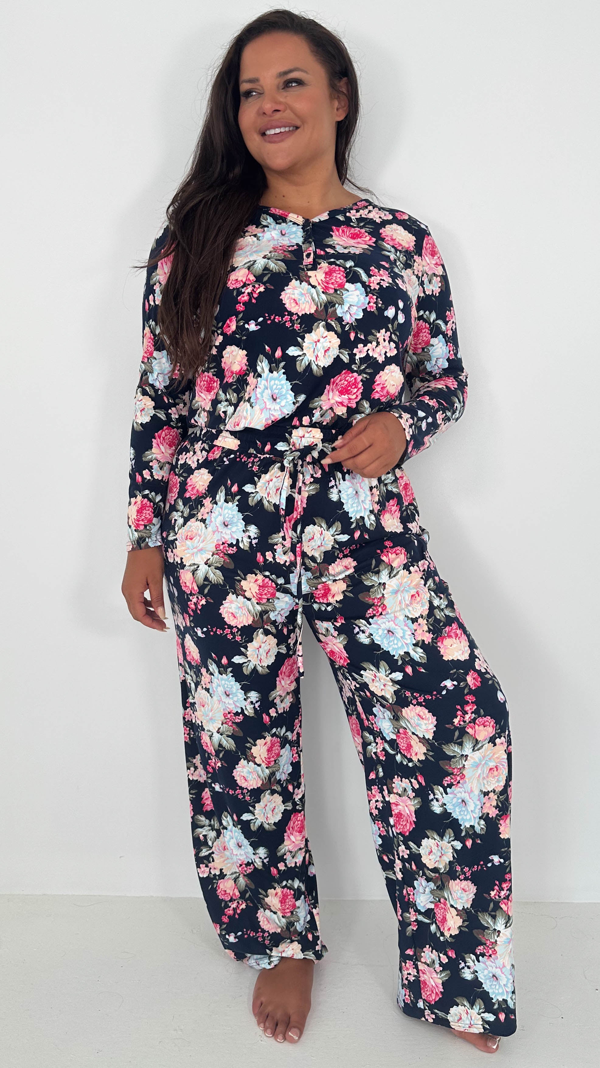 CurveWow Floral Print Pyjama Set Navy
