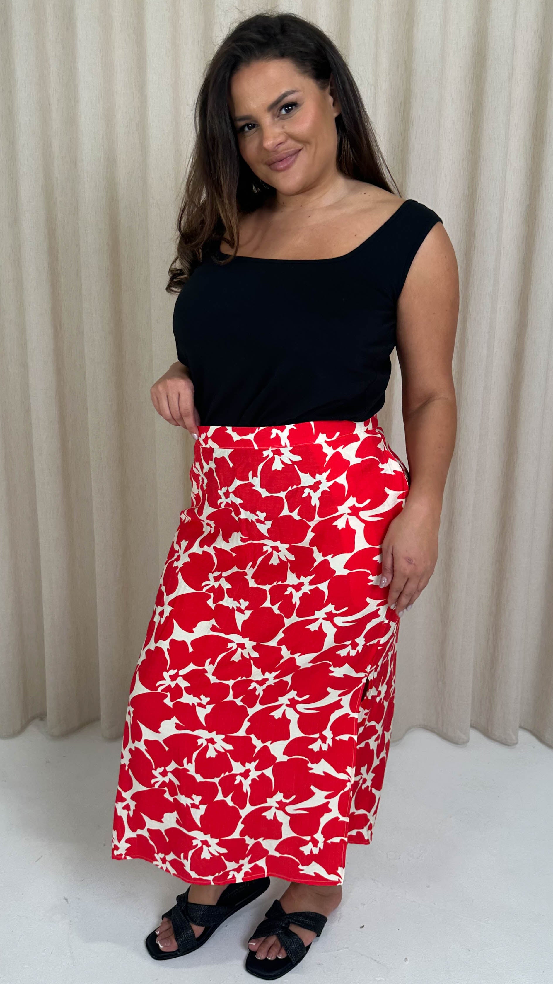 CurveWow Pocket Split Hem Maxi Skirt Red Floral