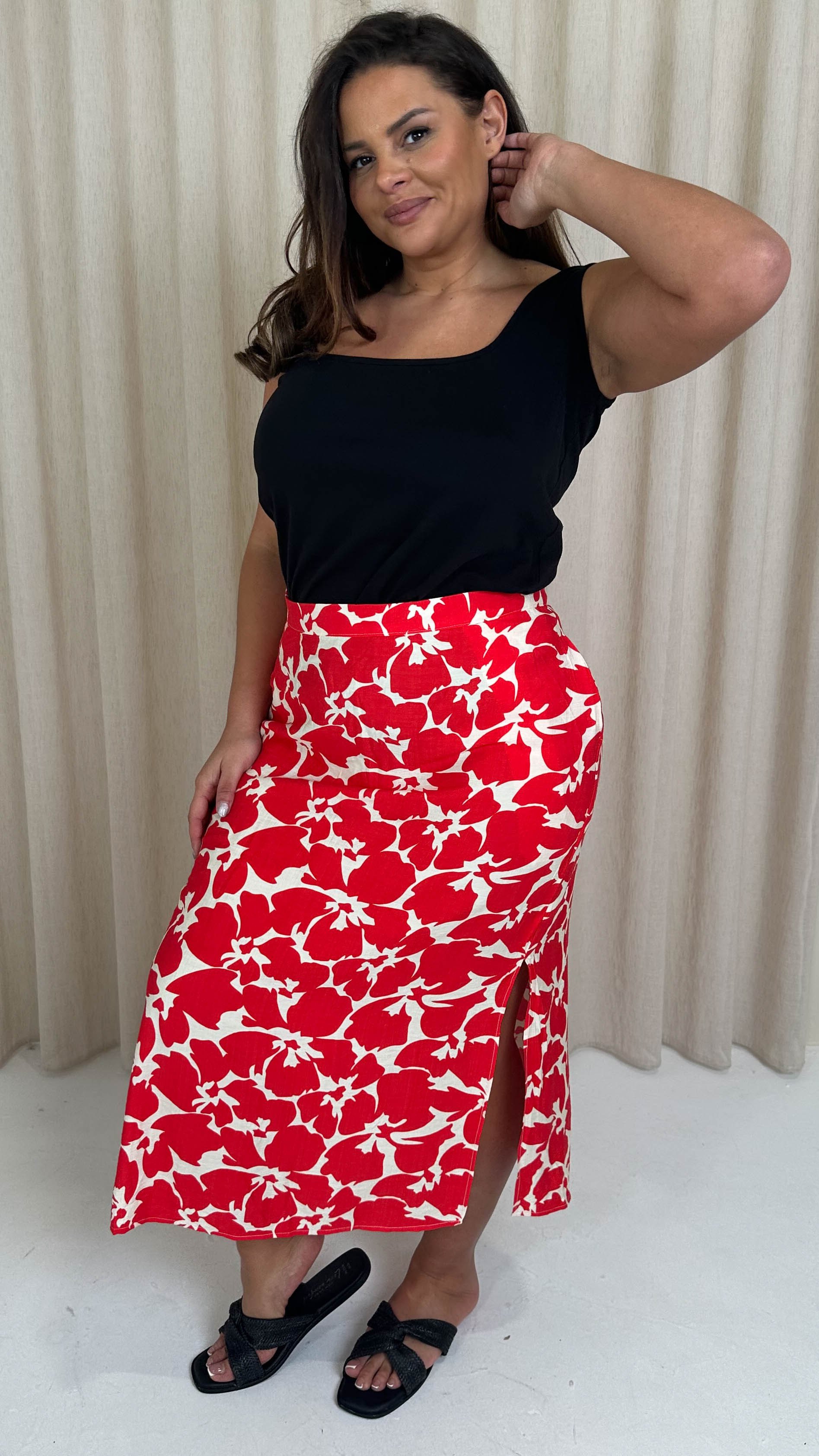 CurveWow Pocket Split Hem Maxi Skirt Red Floral