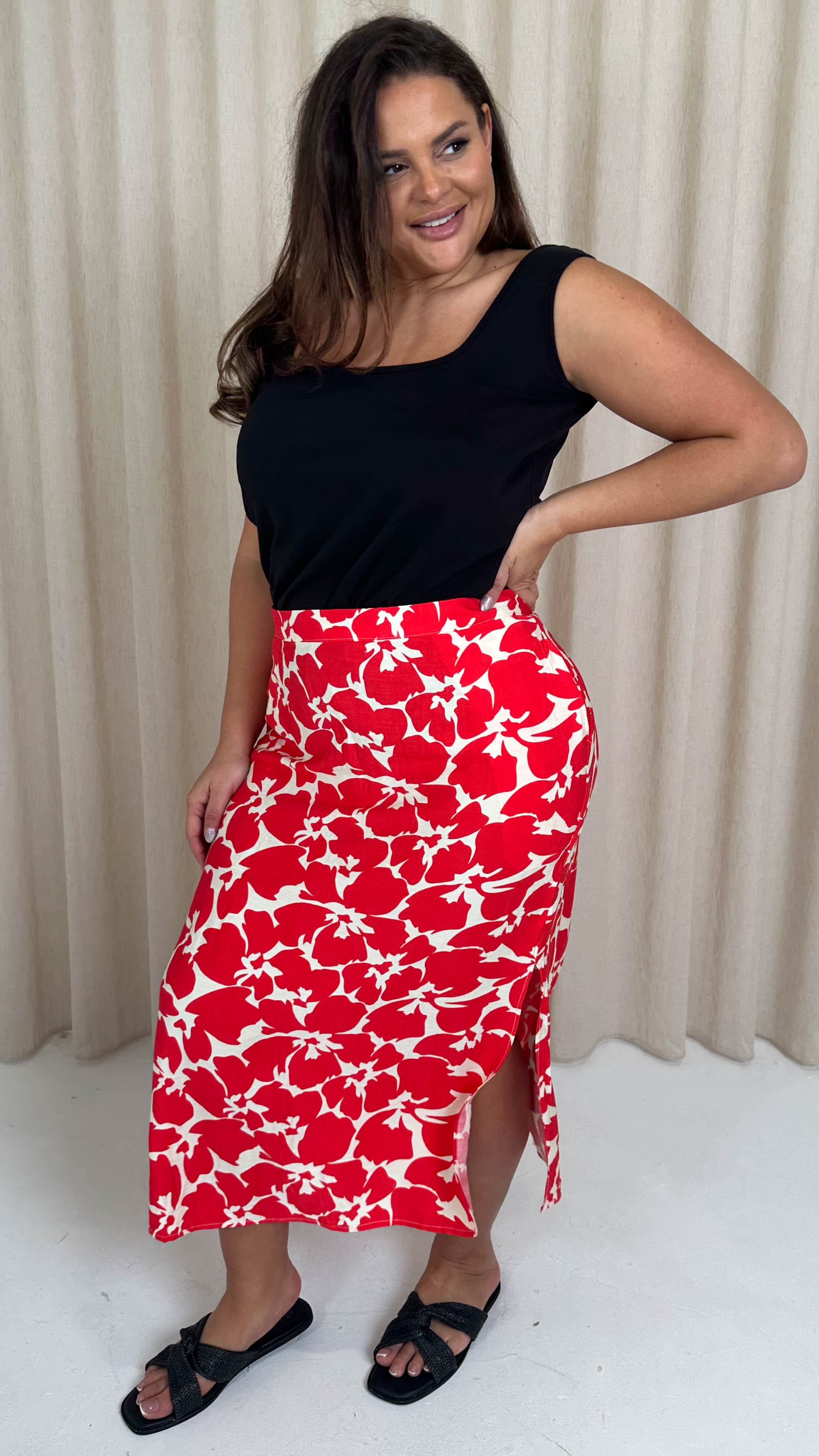 CurveWow Pocket Split Hem Maxi Skirt Red Floral