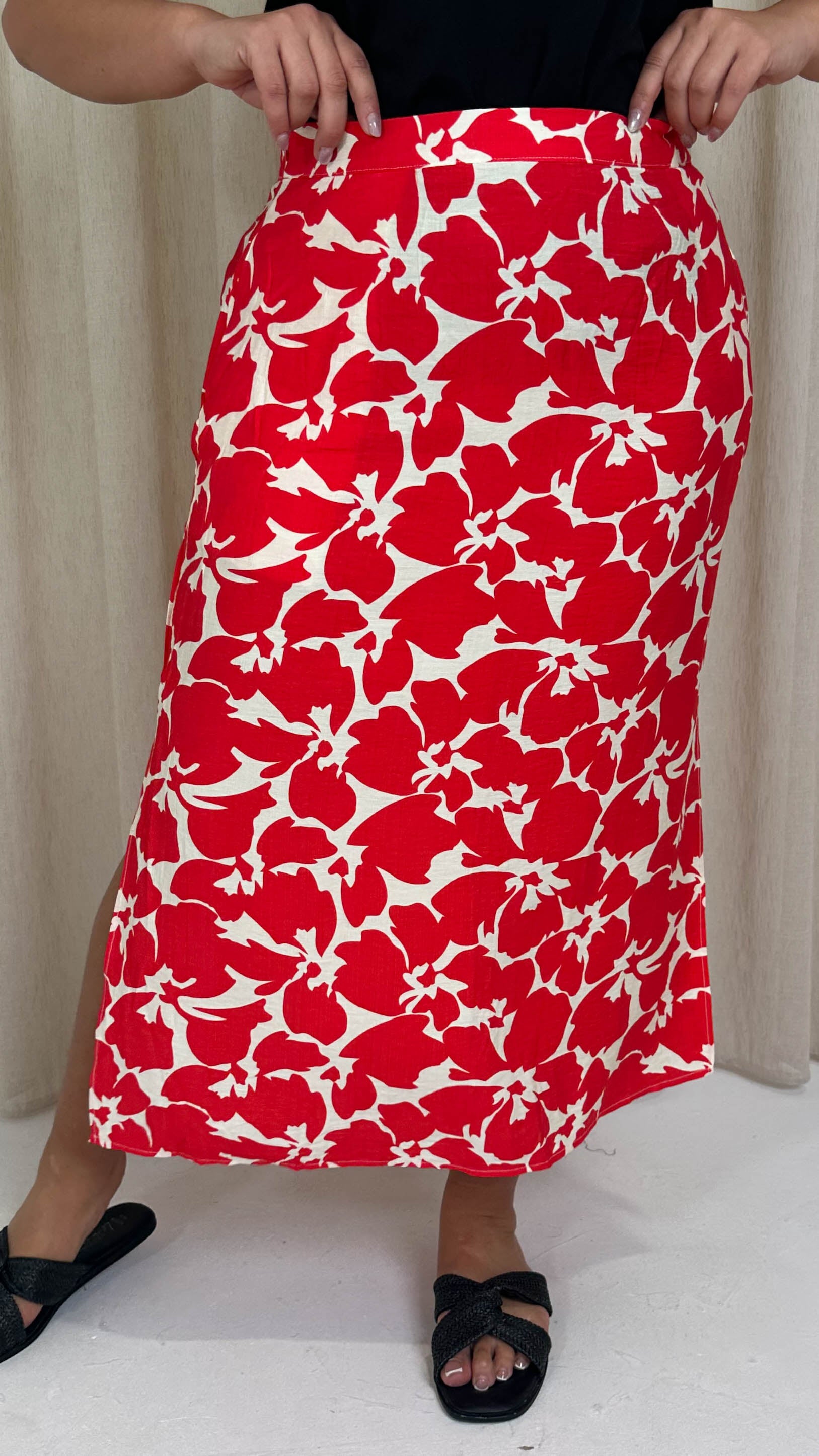 CurveWow Pocket Split Hem Maxi Skirt Red Floral