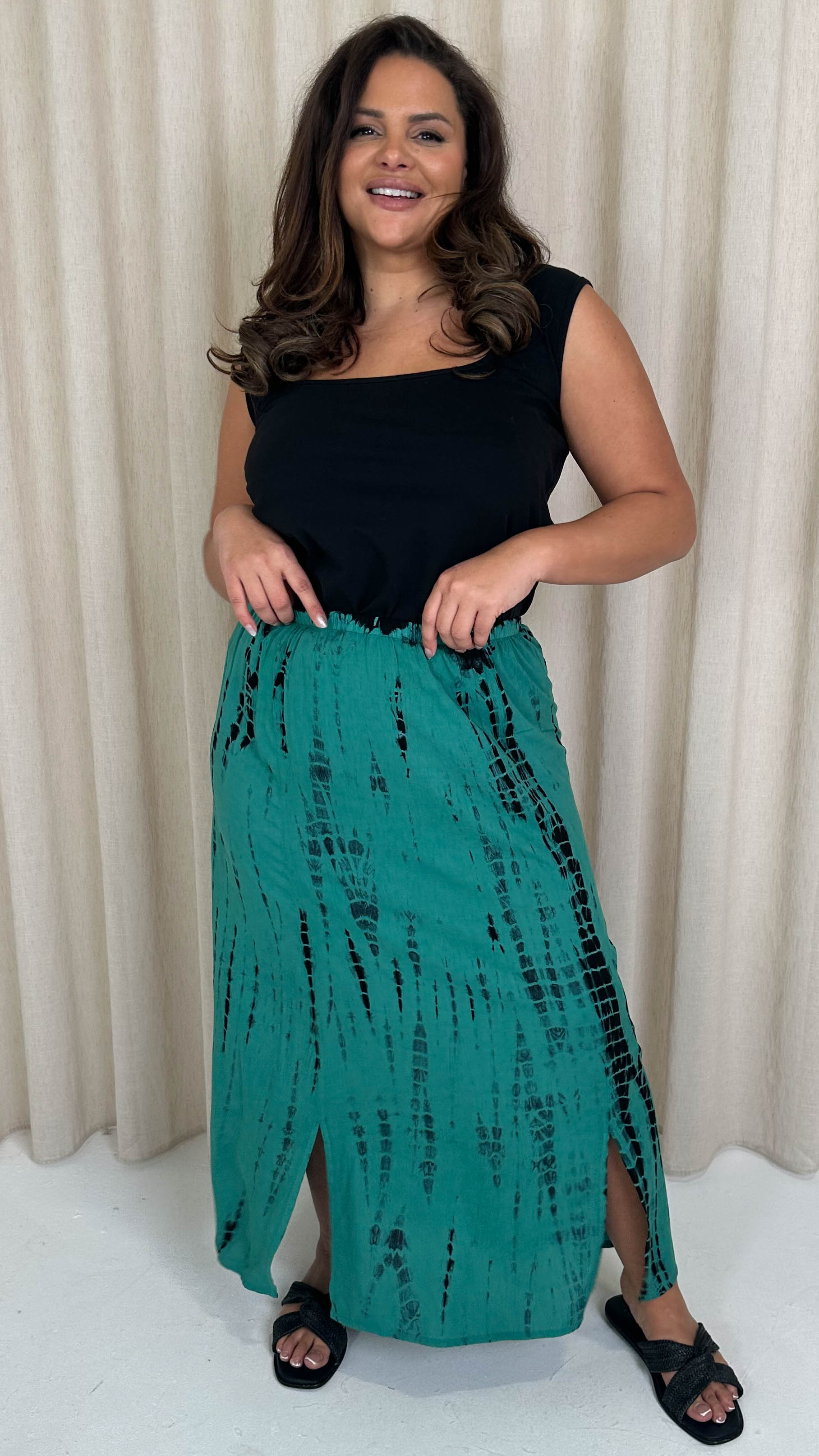 CurveWow Tye Dye Split Maxi Skirt Green/Black