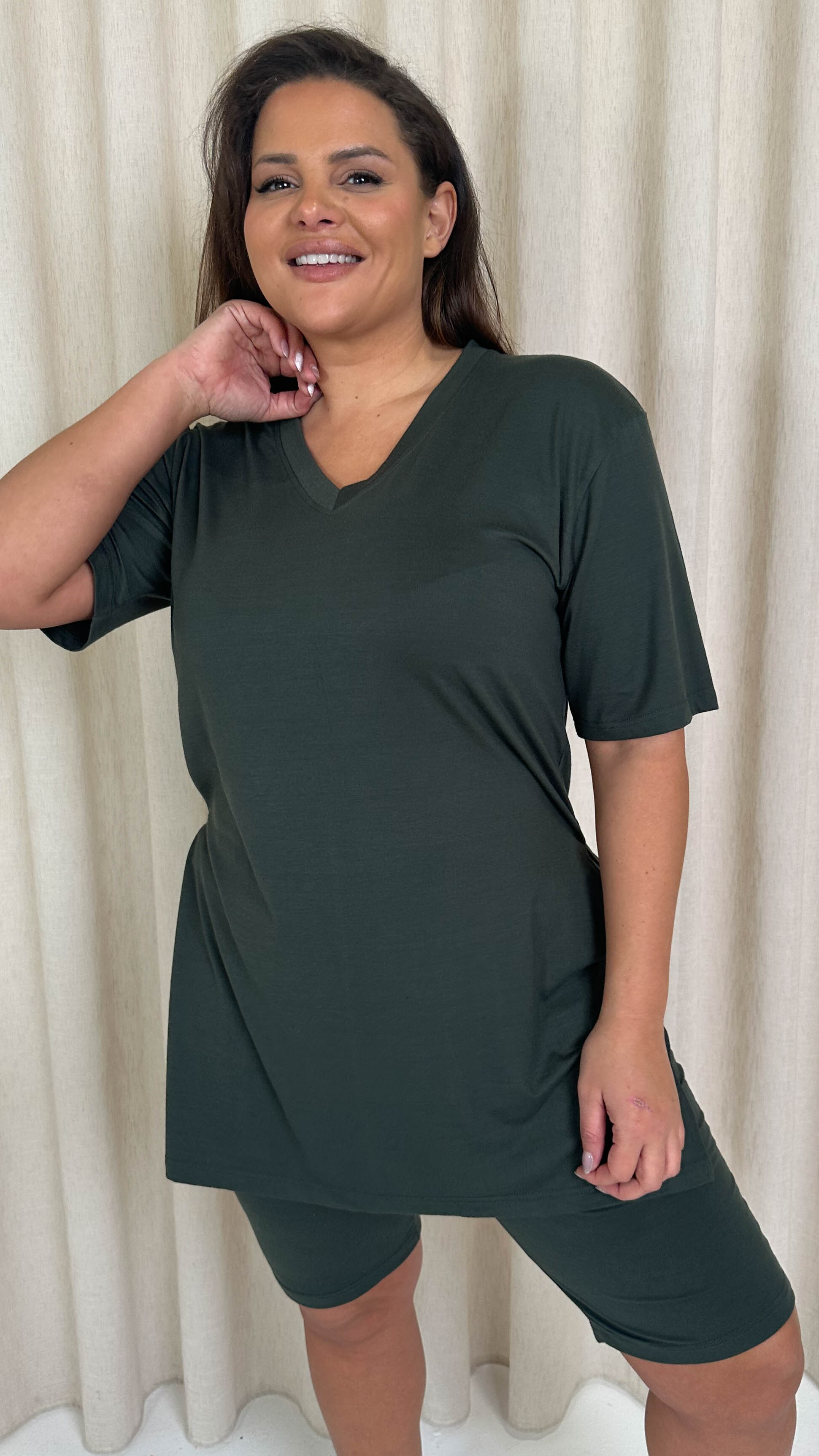 CurveWow Longline Side Split Top & Cycling Short Khaki