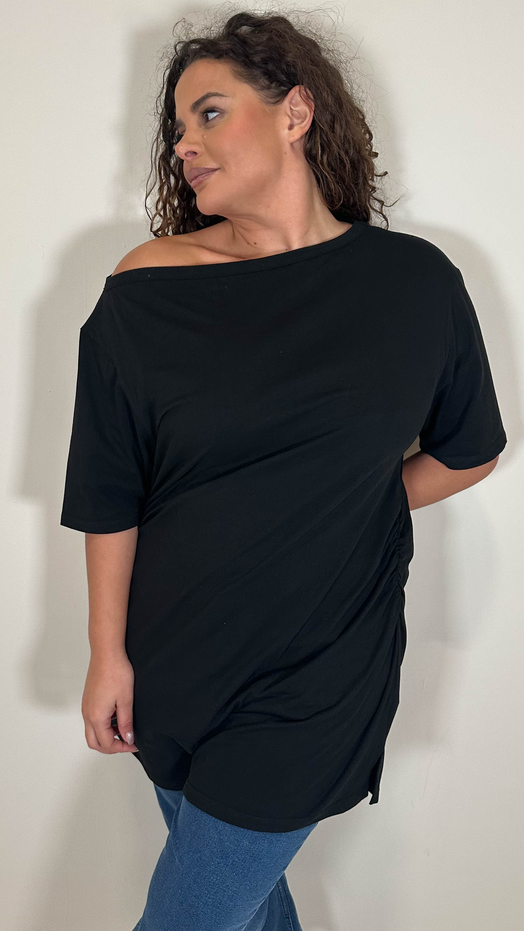 CurveWow Cinched Waist Drop Shoulder Top Black