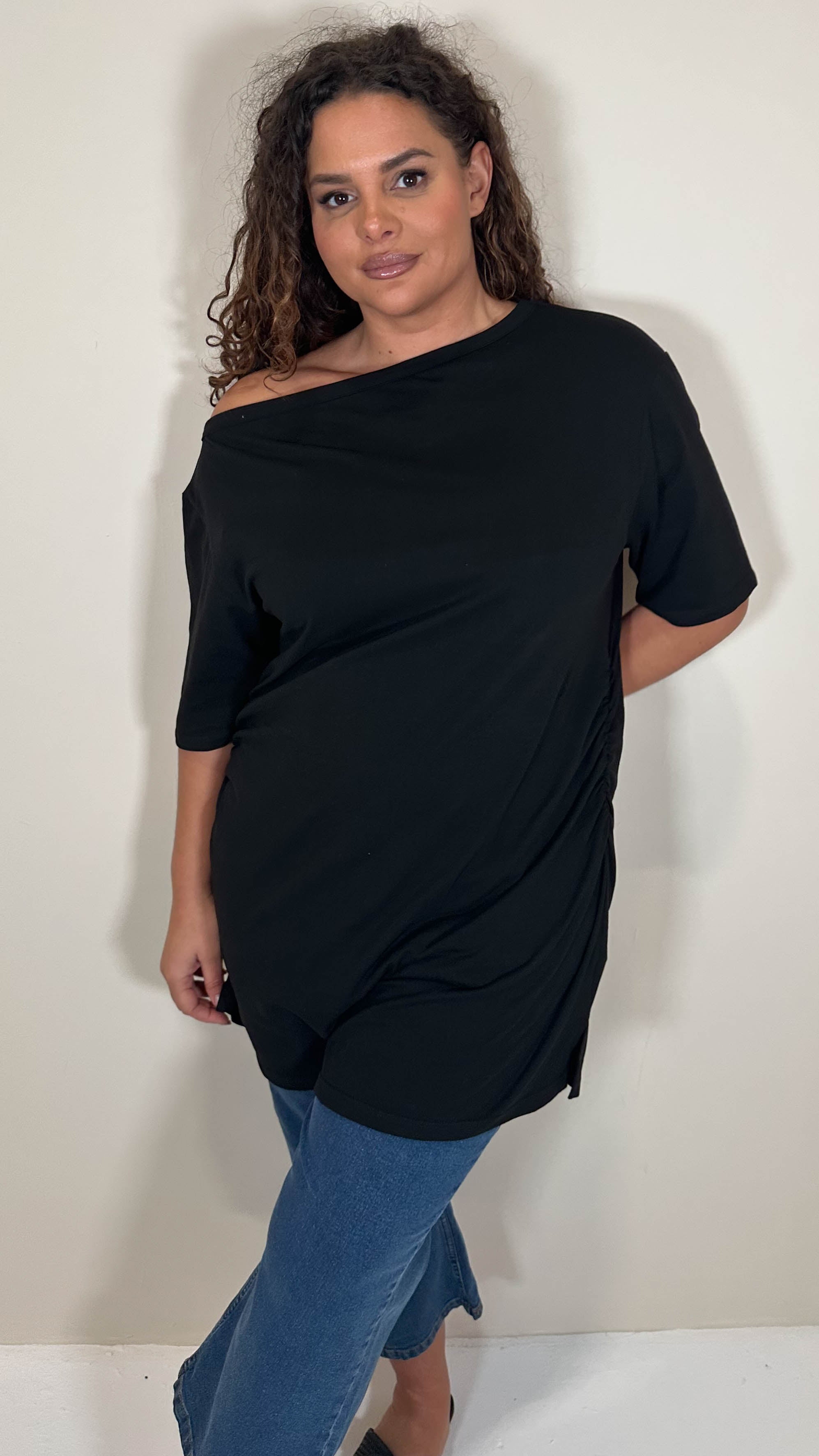 CurveWow Cinched Waist Drop Shoulder Top Black