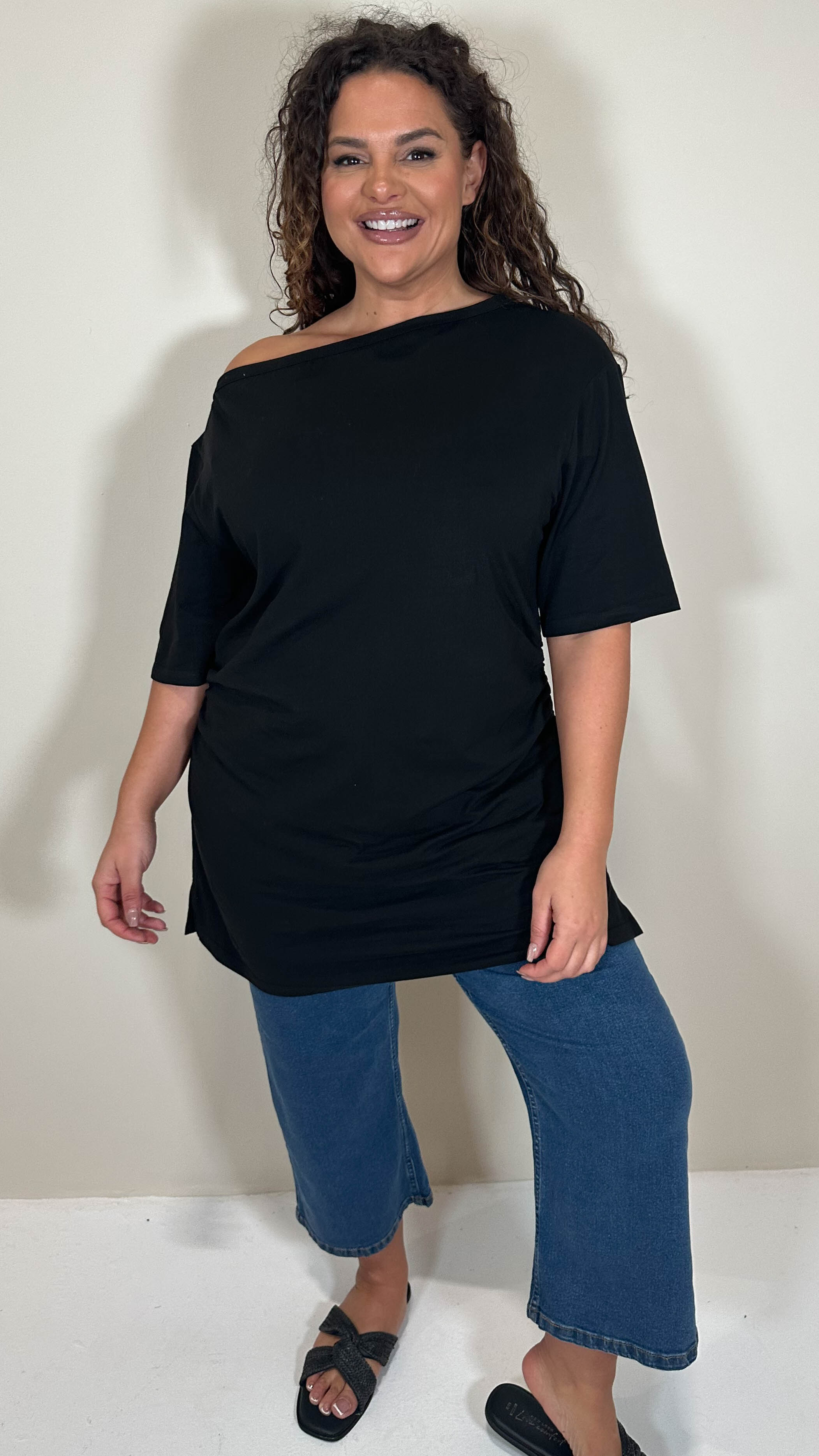 CurveWow Cinched Waist Drop Shoulder Top Black