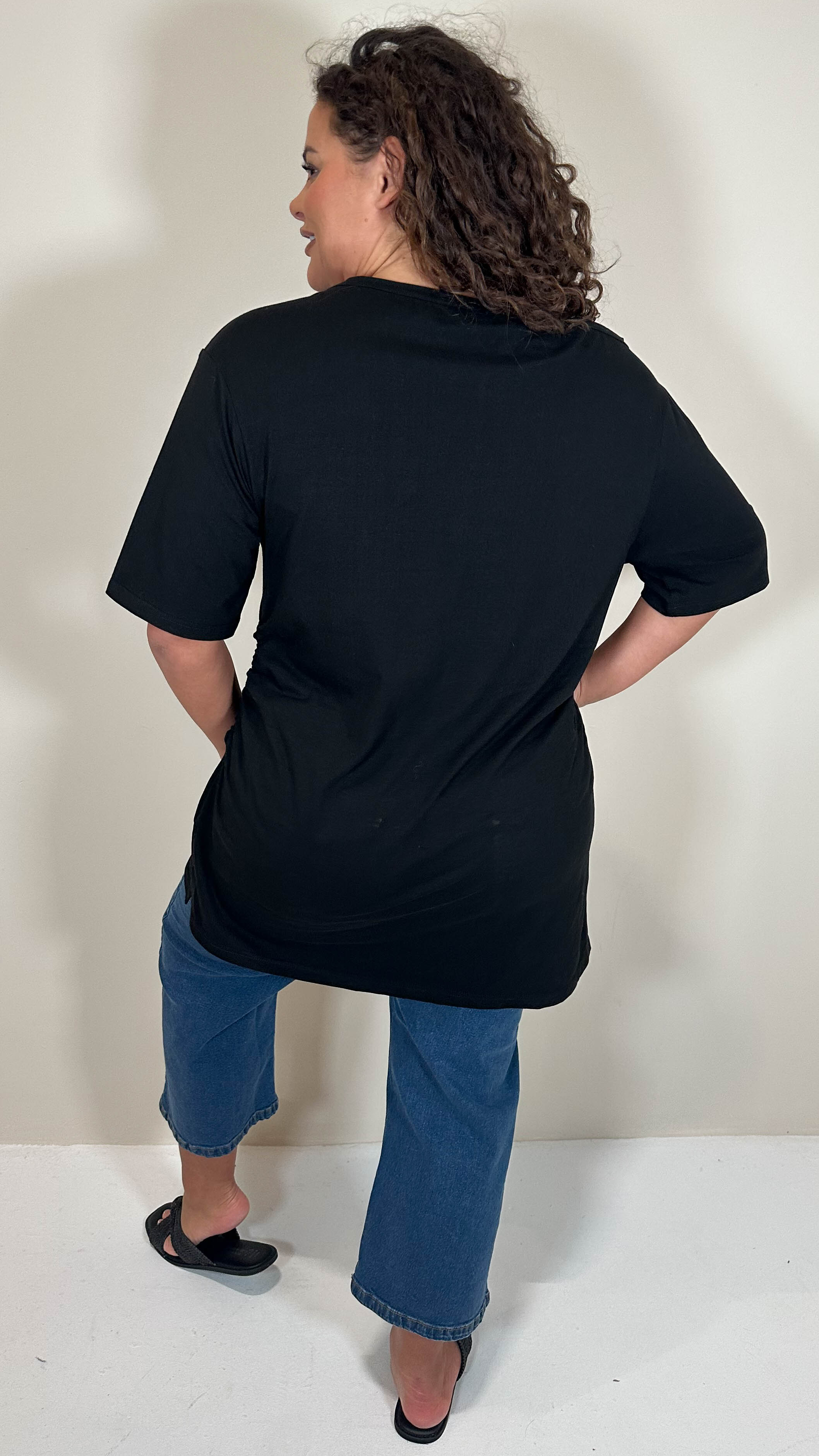 CurveWow Cinched Waist Drop Shoulder Top Black