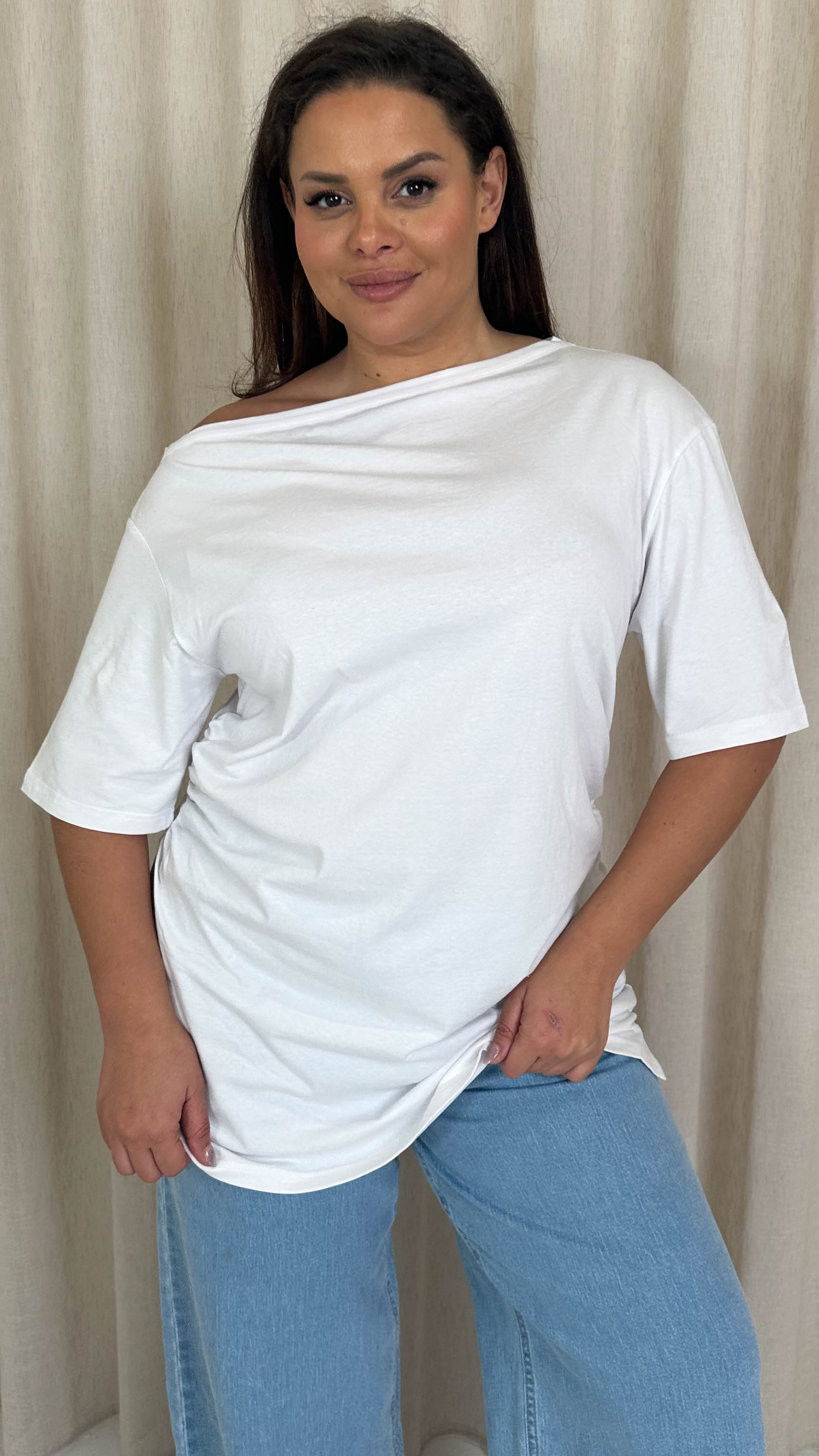 CurveWow Cinched Waist Drop Shoulder Top White